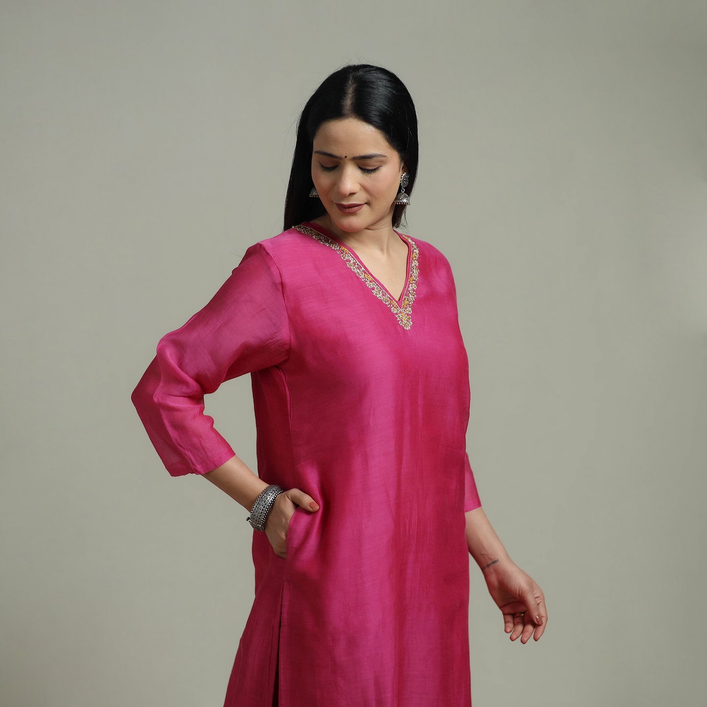 Pink - Plain Handloom Mul Chanderi Silk Hand Embroidered Suit Set with Dupatta for women 02
