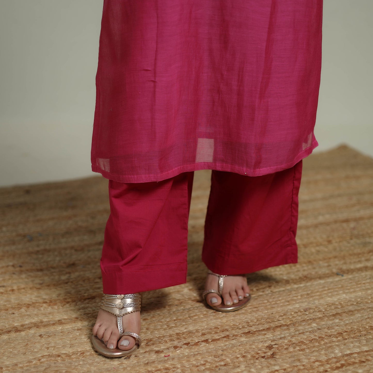 Pink - Plain Handloom Mul Chanderi Silk Hand Embroidered Suit Set with Dupatta for women 02