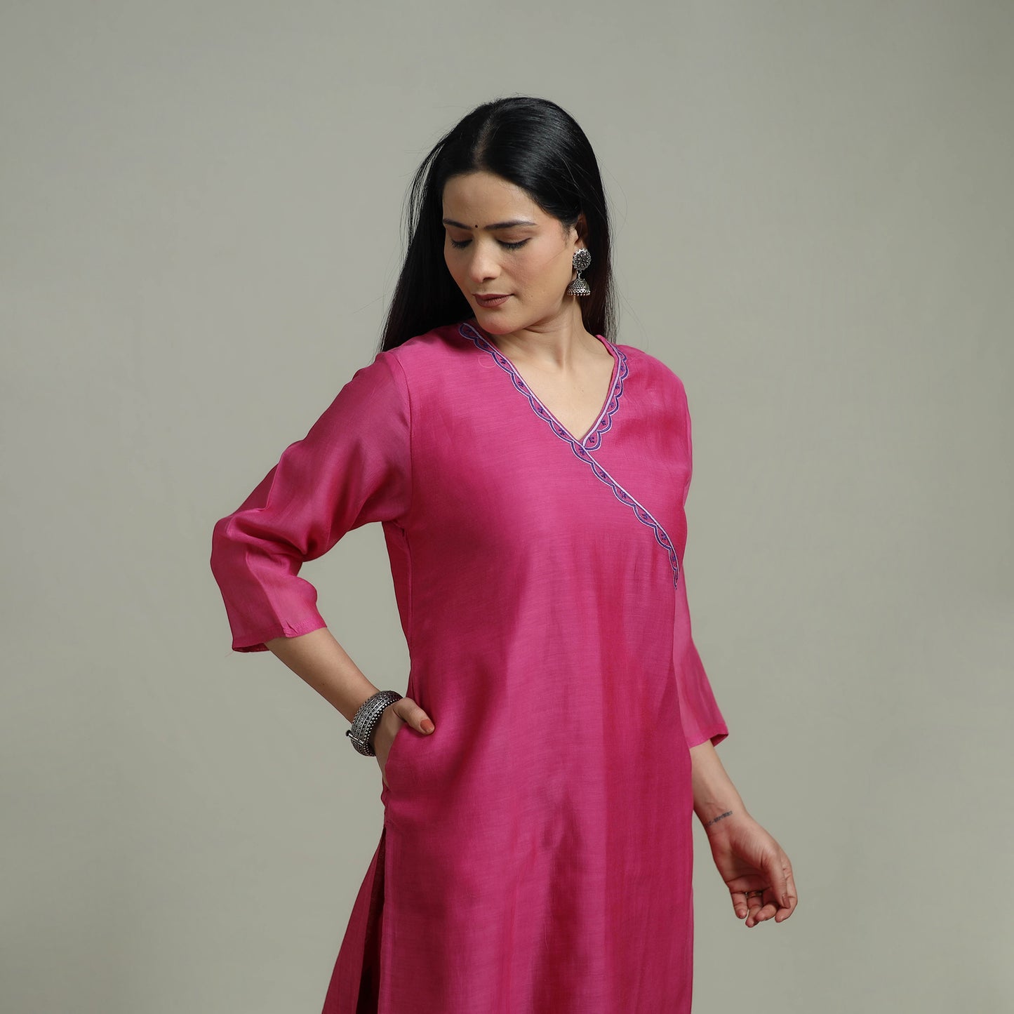Pink - Plain Handloom Mul Chanderi Silk Hand Embroidered Suit Set with Dupatta for women 03