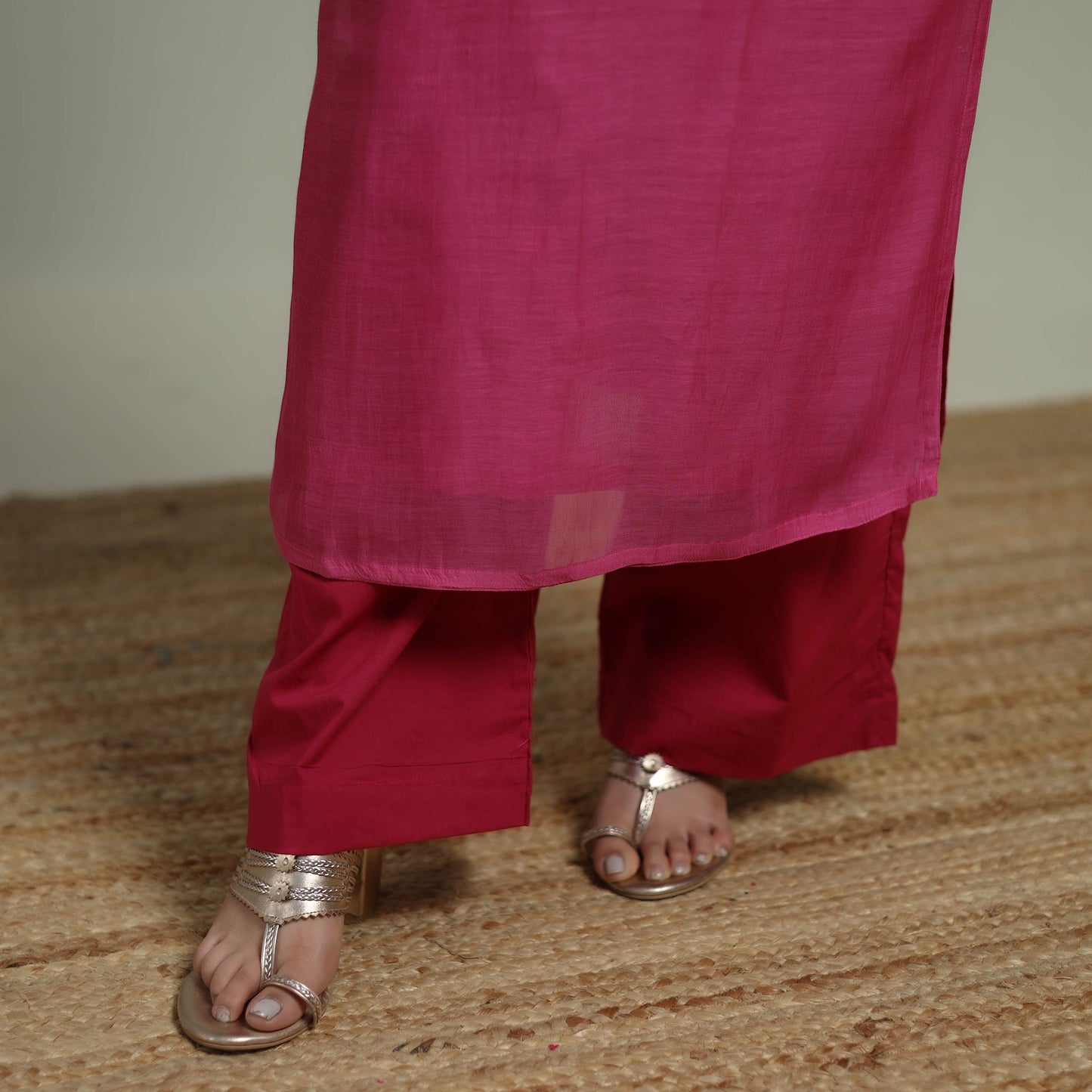 Pink - Plain Handloom Mul Chanderi Silk Hand Embroidered Suit Set with Dupatta for women 03