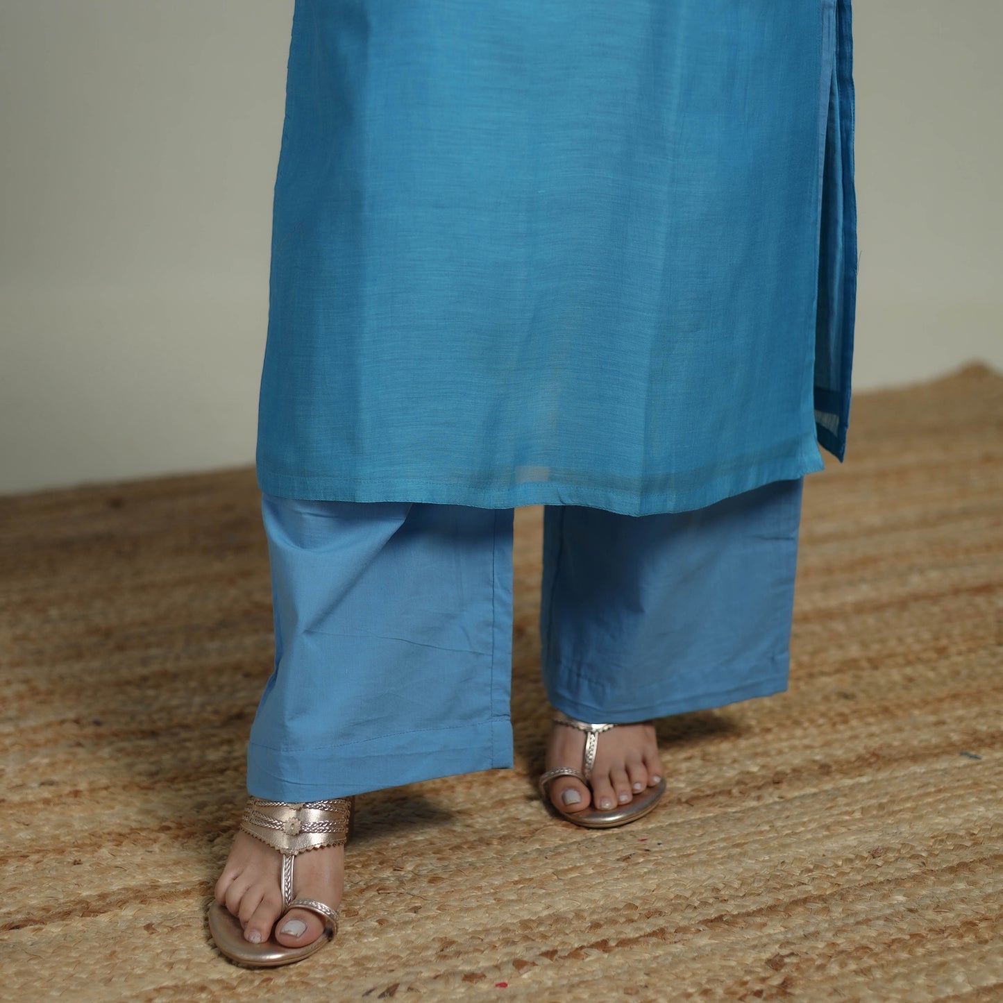 Blue - Plain Handloom Mul Chanderi Silk Hand Embroidered Suit Set with Dupatta for women 10