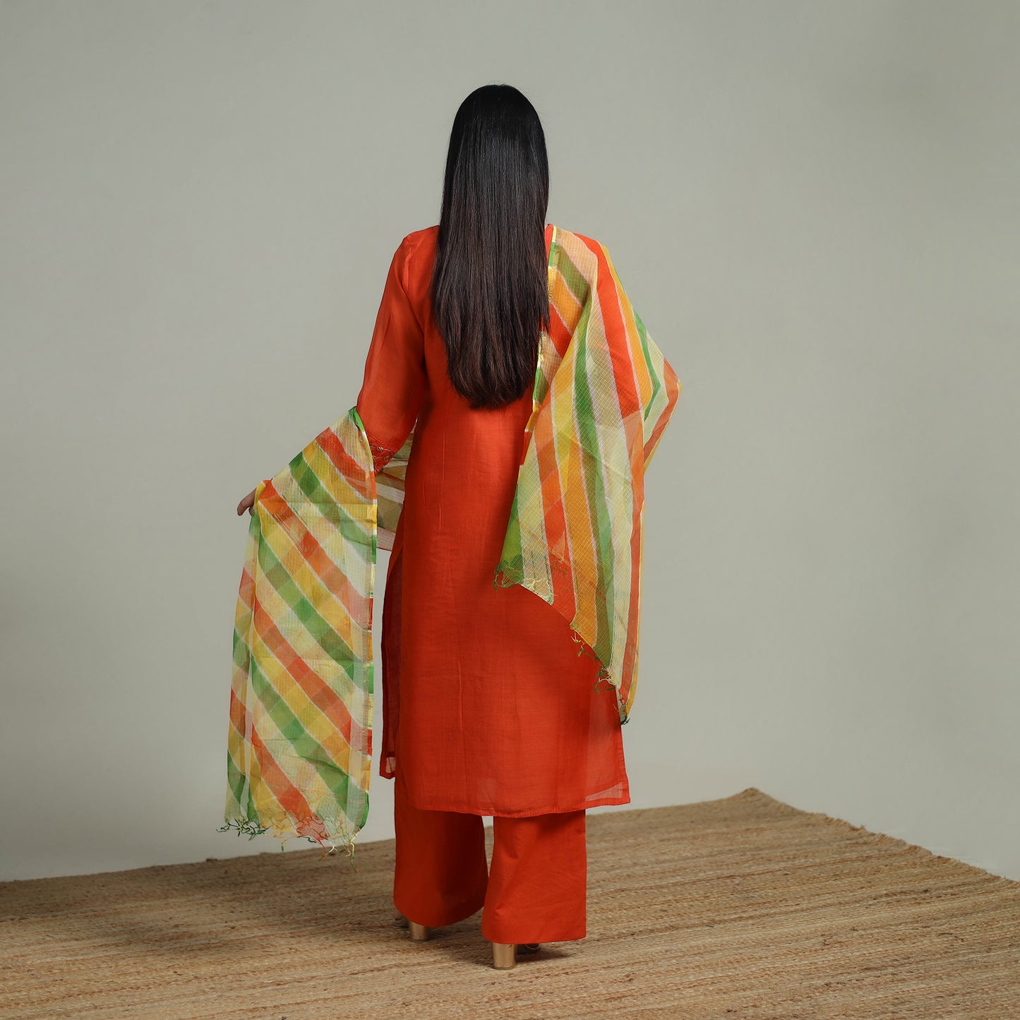 Orange - Plain Handloom Mul Chanderi Silk Hand Embroidered Suit Set with Dupatta for women 09