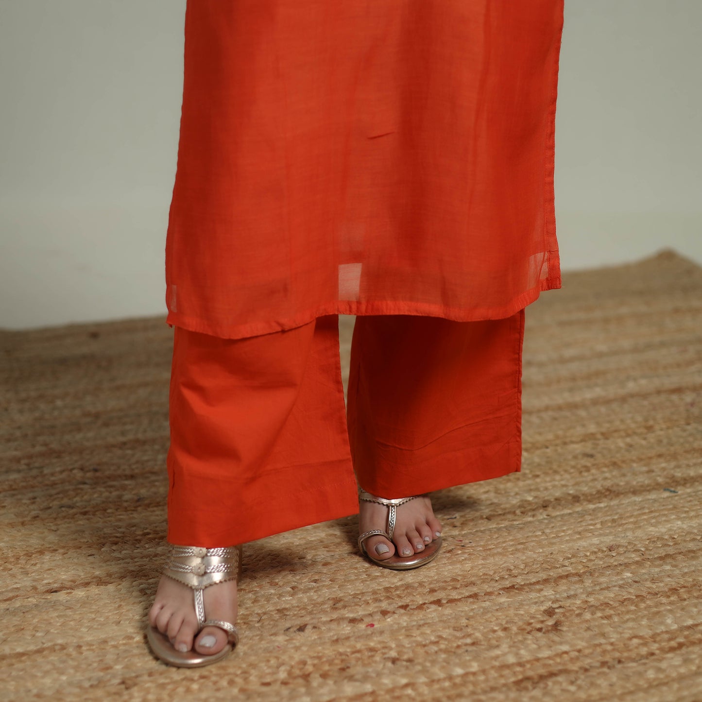 Orange - Plain Handloom Mul Chanderi Silk Hand Embroidered Suit Set with Dupatta for women 09