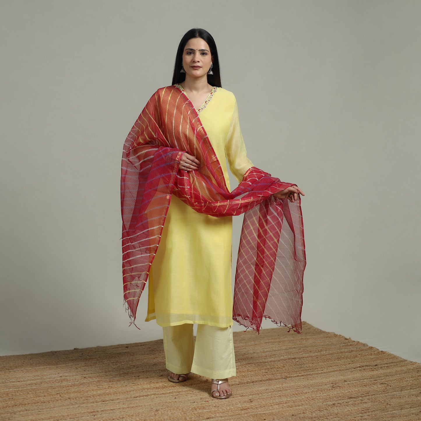 Yellow - Plain Handloom Mul Chanderi Silk Hand Embroidered Suit Set with Dupatta for women 06