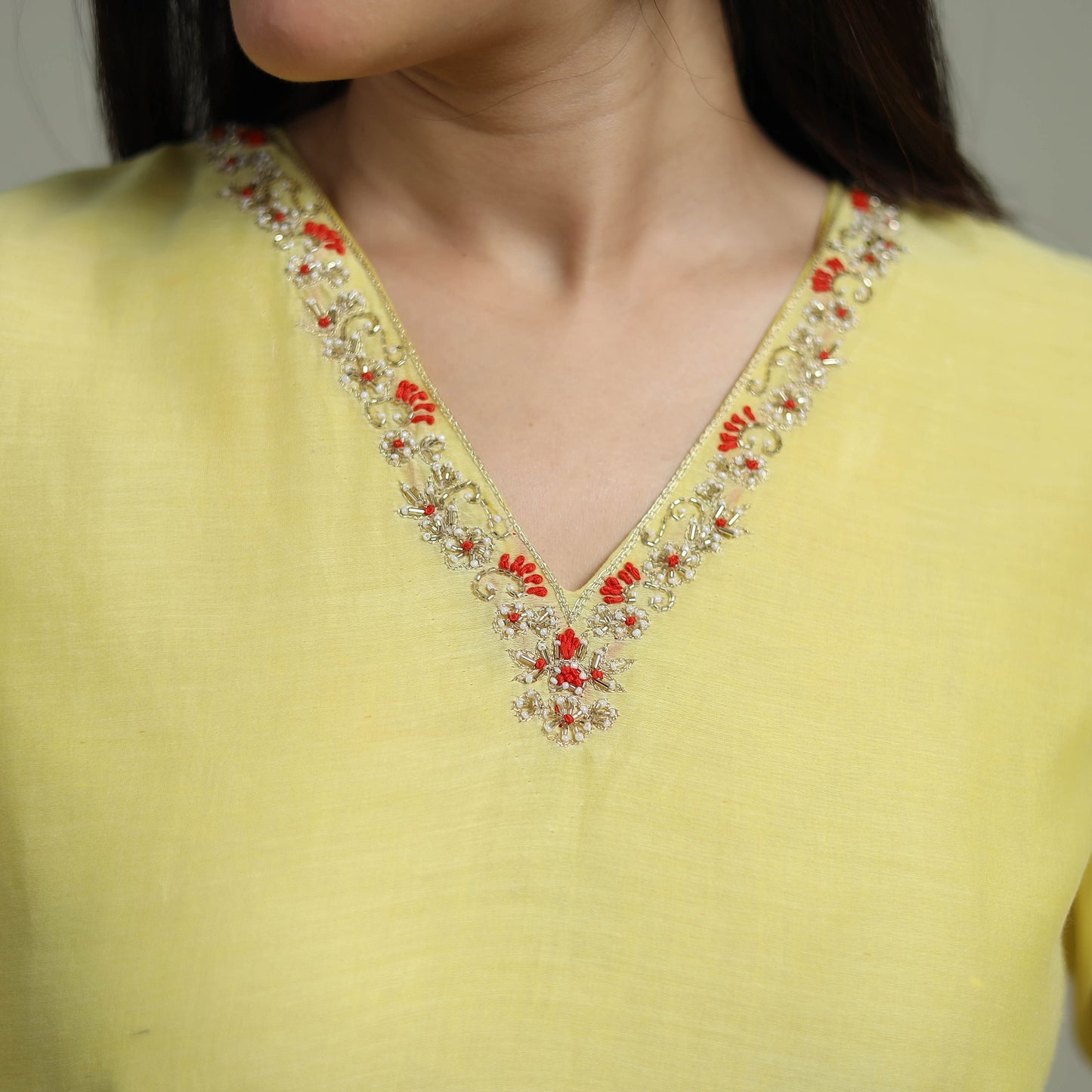 Yellow - Plain Handloom Mul Chanderi Silk Hand Embroidered Suit Set with Dupatta for women 06