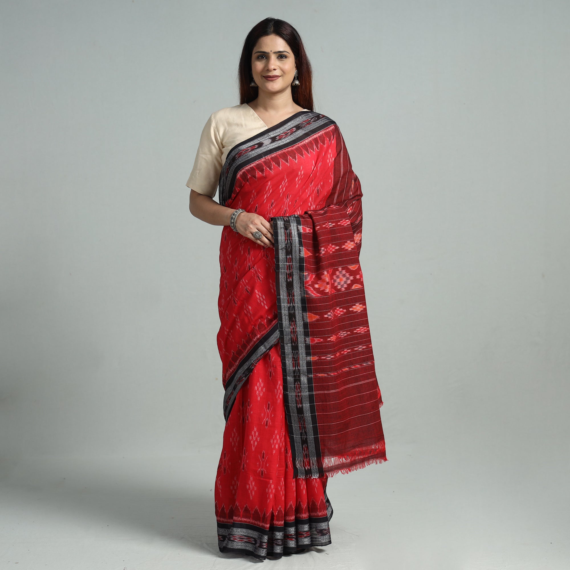 Maroon - Handloom Cotton Sambalpuri Ikat Saree 09