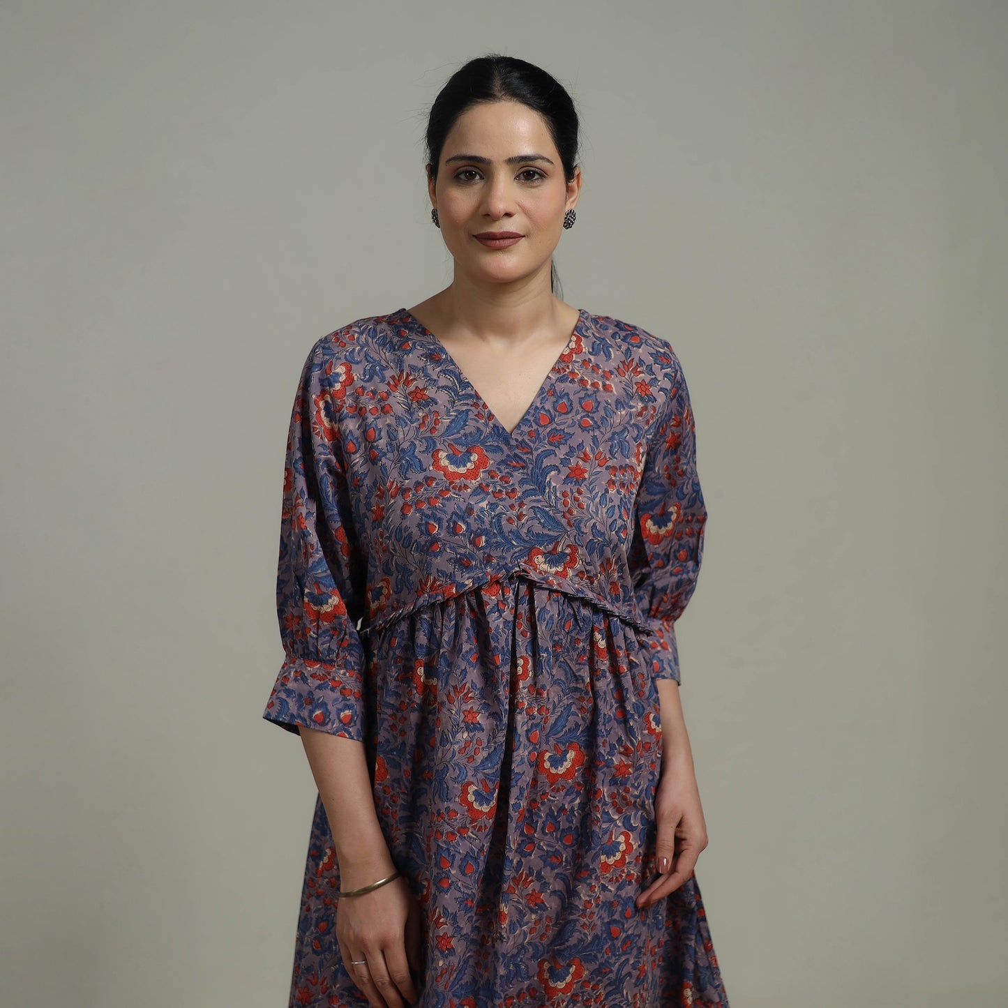Purple - Sanganeri Hand Block Print Pure Cotton Angrakha Flared Dress 13
