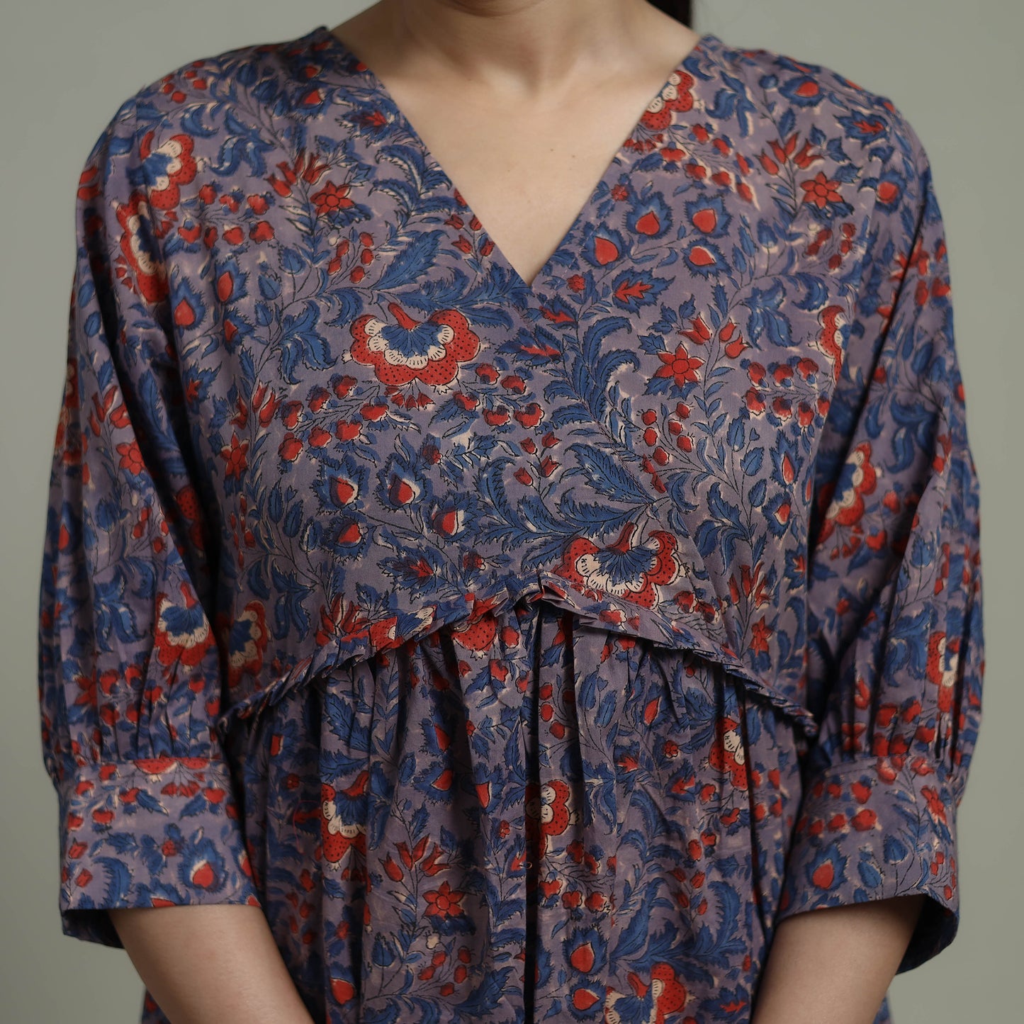 Purple - Sanganeri Hand Block Print Pure Cotton Angrakha Flared Dress 13