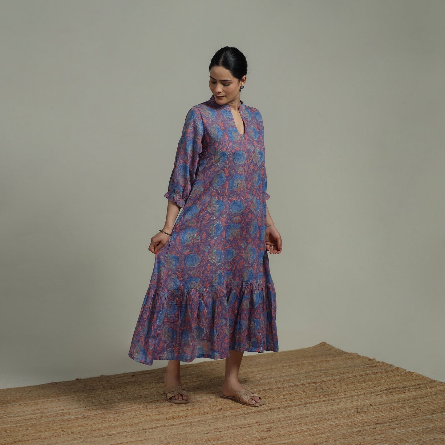 Purple - Sanganeri Hand Block Print Pure Cotton Tiered Dress 19