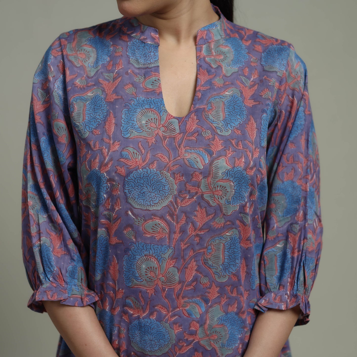 Purple - Sanganeri Hand Block Print Pure Cotton Tiered Dress 19