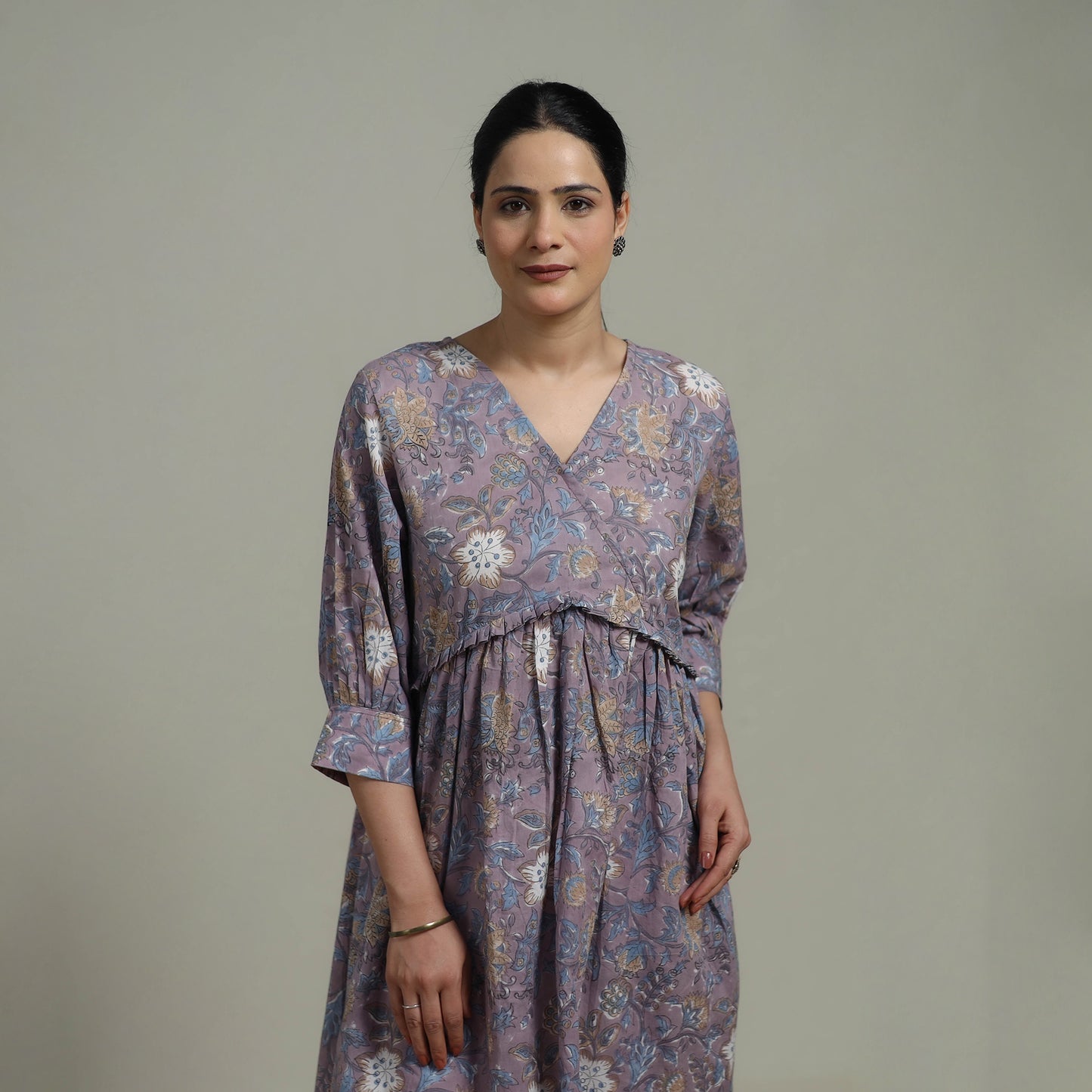 Purple - Sanganeri Hand Block Print Pure Cotton Angrakha Flared Dress 15