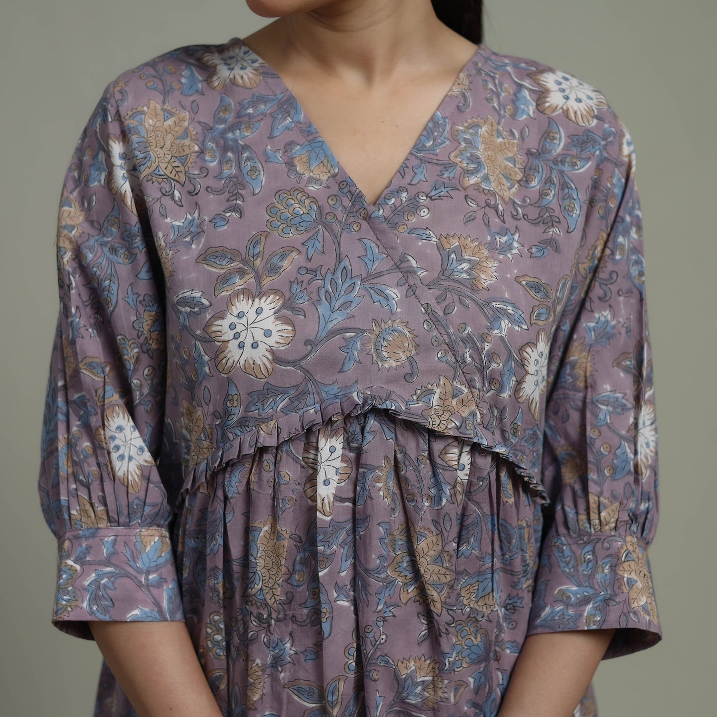Purple - Sanganeri Hand Block Print Pure Cotton Angrakha Flared Dress 15