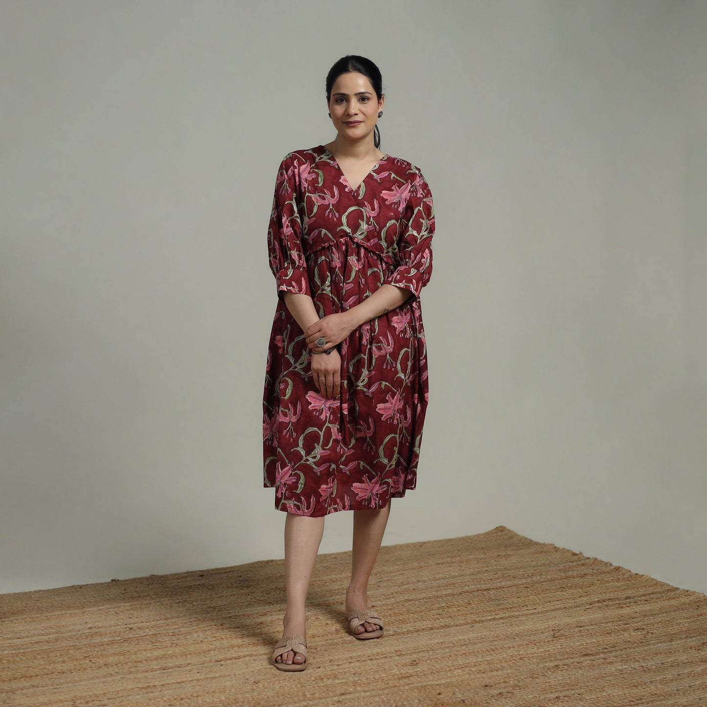 Maroon - Sanganeri Hand Block Print Pure Cotton Angrakha Flared Dress 11