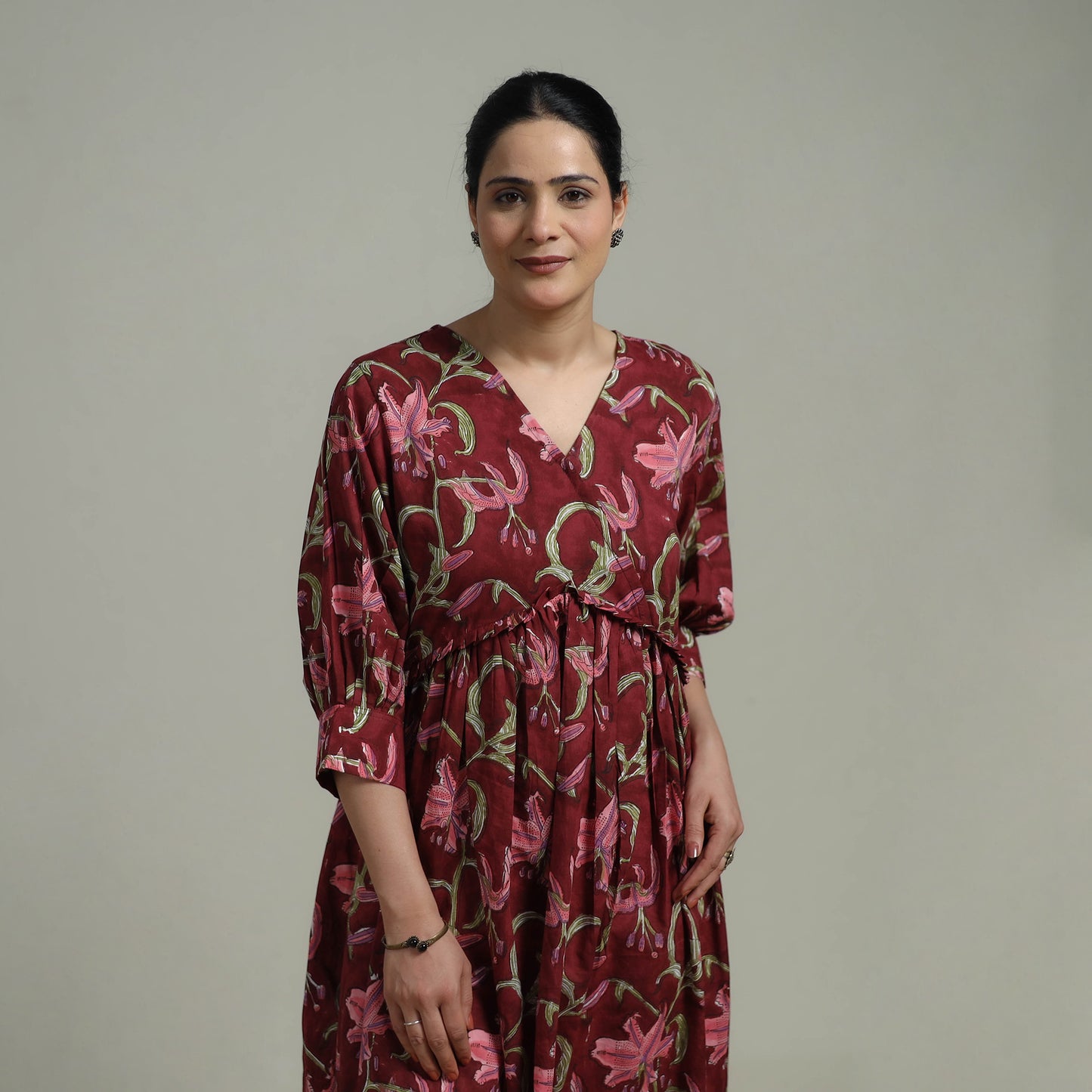 Maroon - Sanganeri Hand Block Print Pure Cotton Angrakha Flared Dress 11