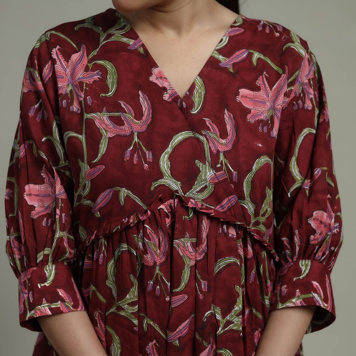 Maroon - Sanganeri Hand Block Print Pure Cotton Angrakha Flared Dress 11