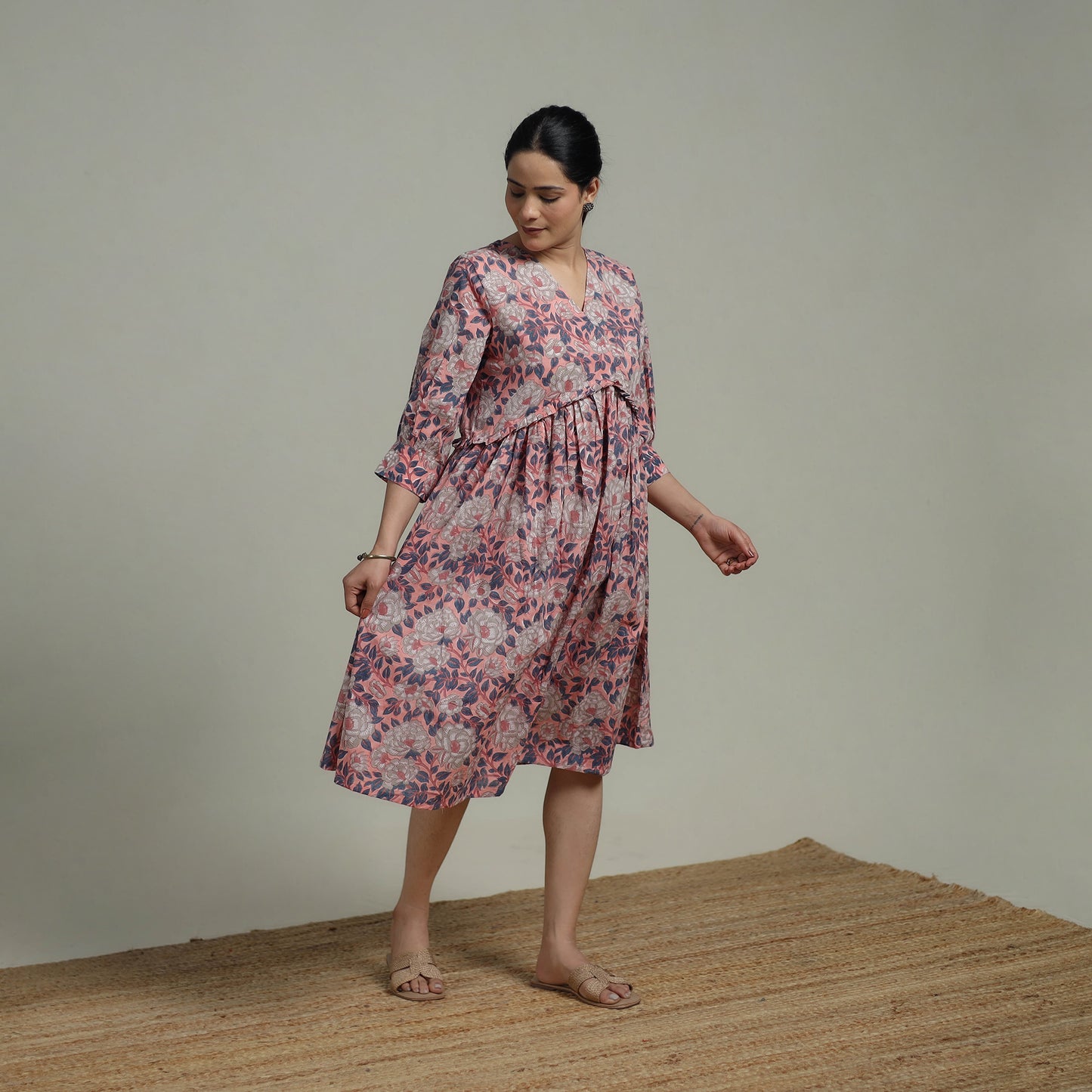 Pink - Sanganeri Hand Block Print Pure Cotton Angrakha Flared Dress 12