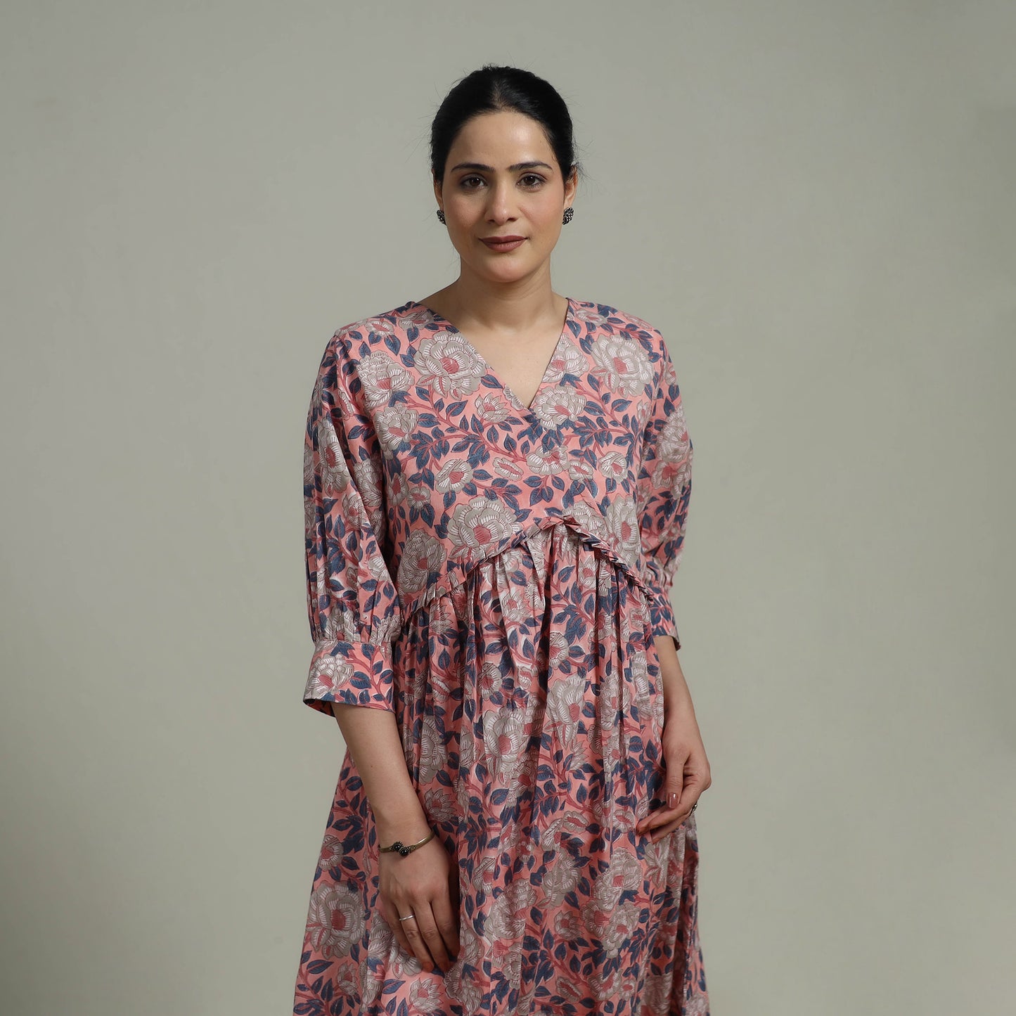 Pink - Sanganeri Hand Block Print Pure Cotton Angrakha Flared Dress 12
