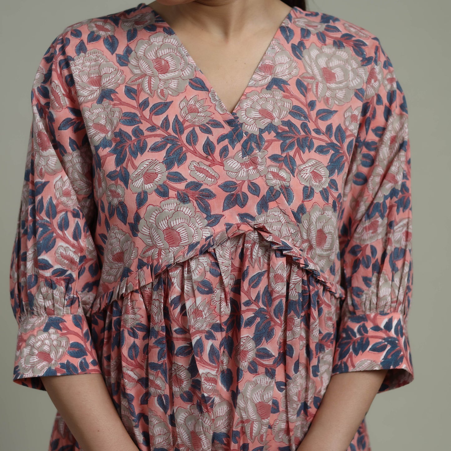 Pink - Sanganeri Hand Block Print Pure Cotton Angrakha Flared Dress 12