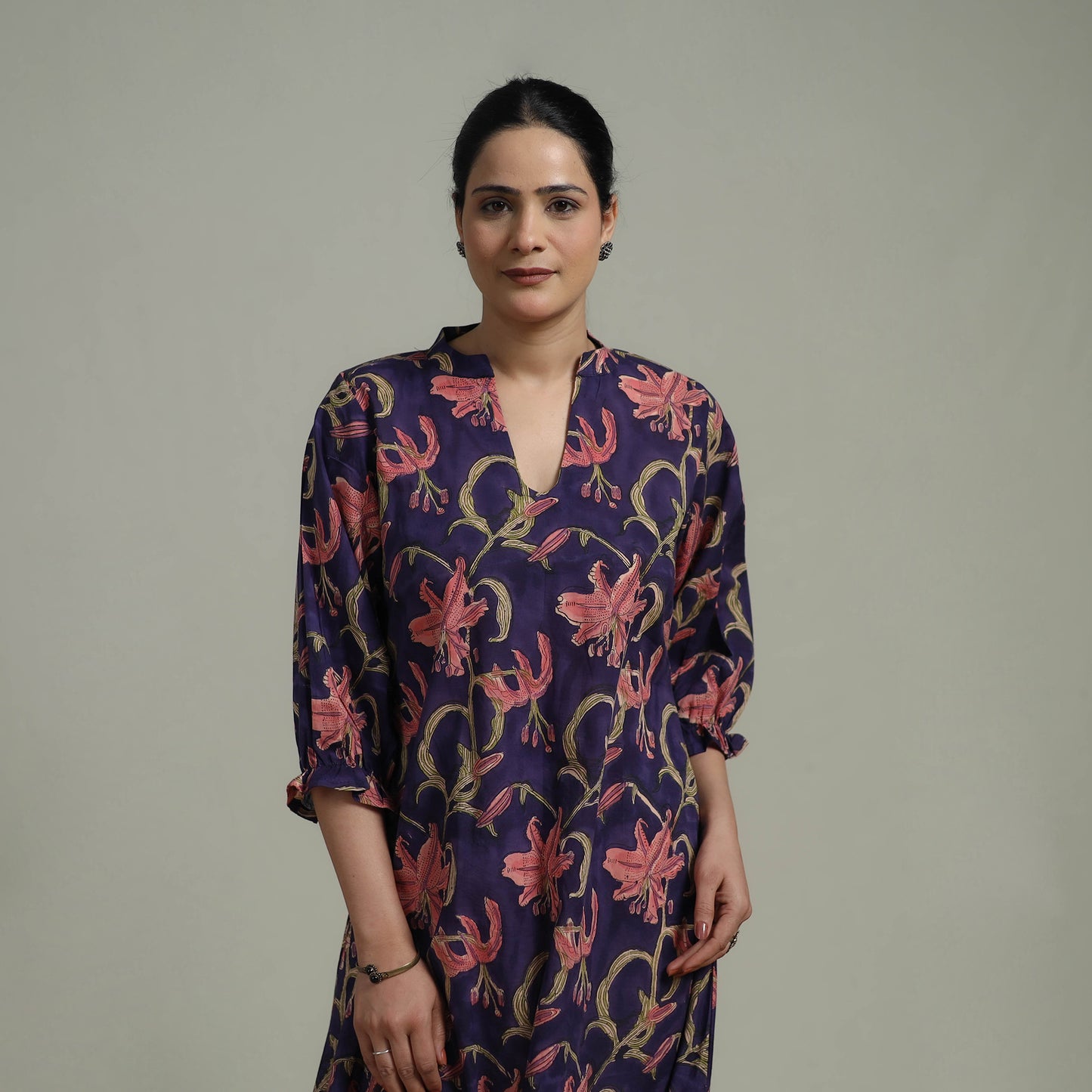 Purple - Sanganeri Hand Block Print Pure Cotton Tiered Dress 17