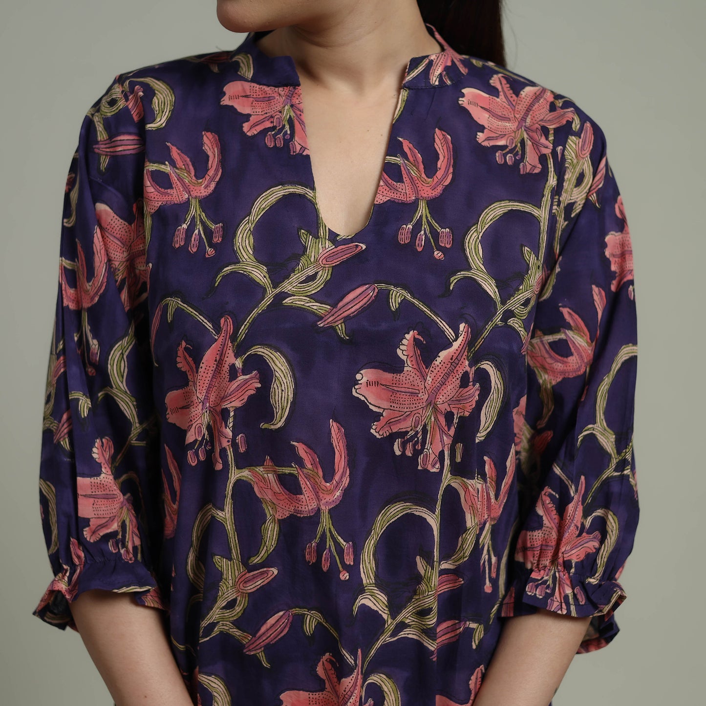 Purple - Sanganeri Hand Block Print Pure Cotton Tiered Dress 17