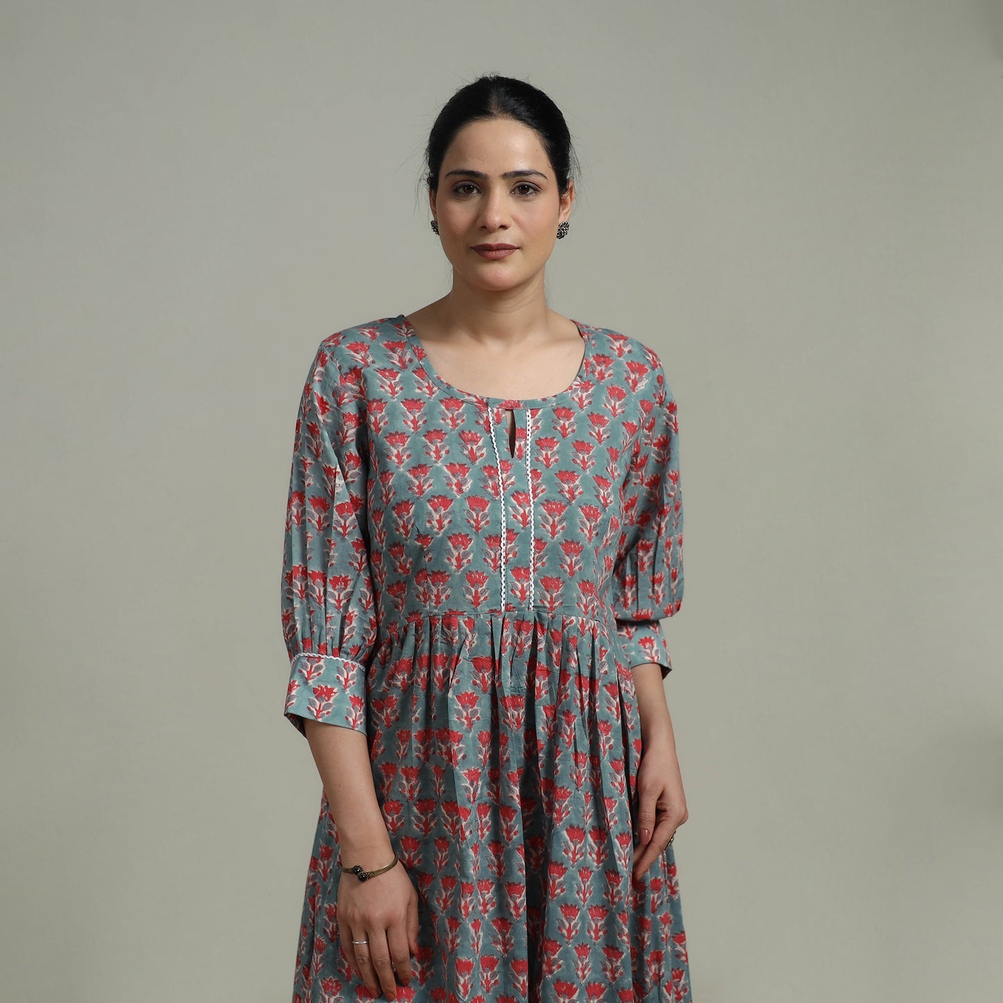 Green - Sanganeri Hand Block Print Pure Cotton Flared Dress 06