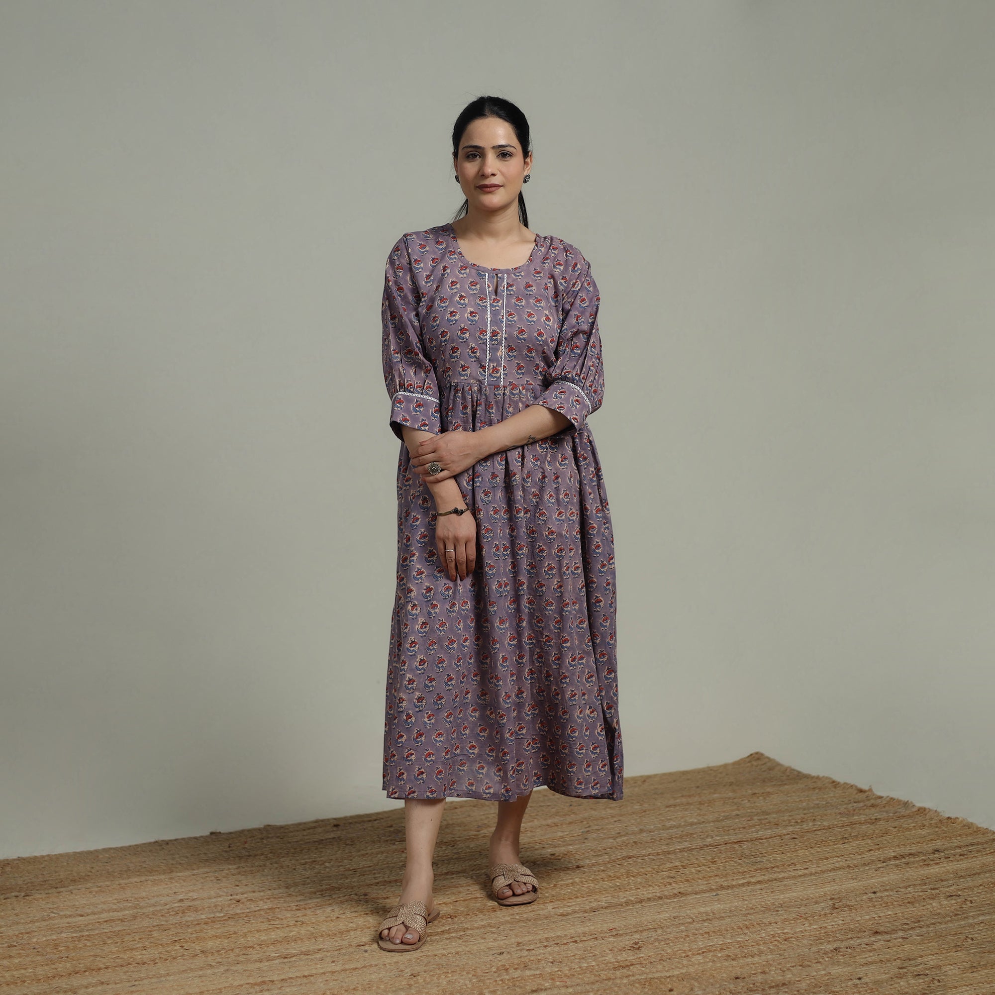 purple block print dress MULMUL Purple FLORAL JAAL BLOCK PRINTED DRESS 4XL / Purple / Cotton Satin