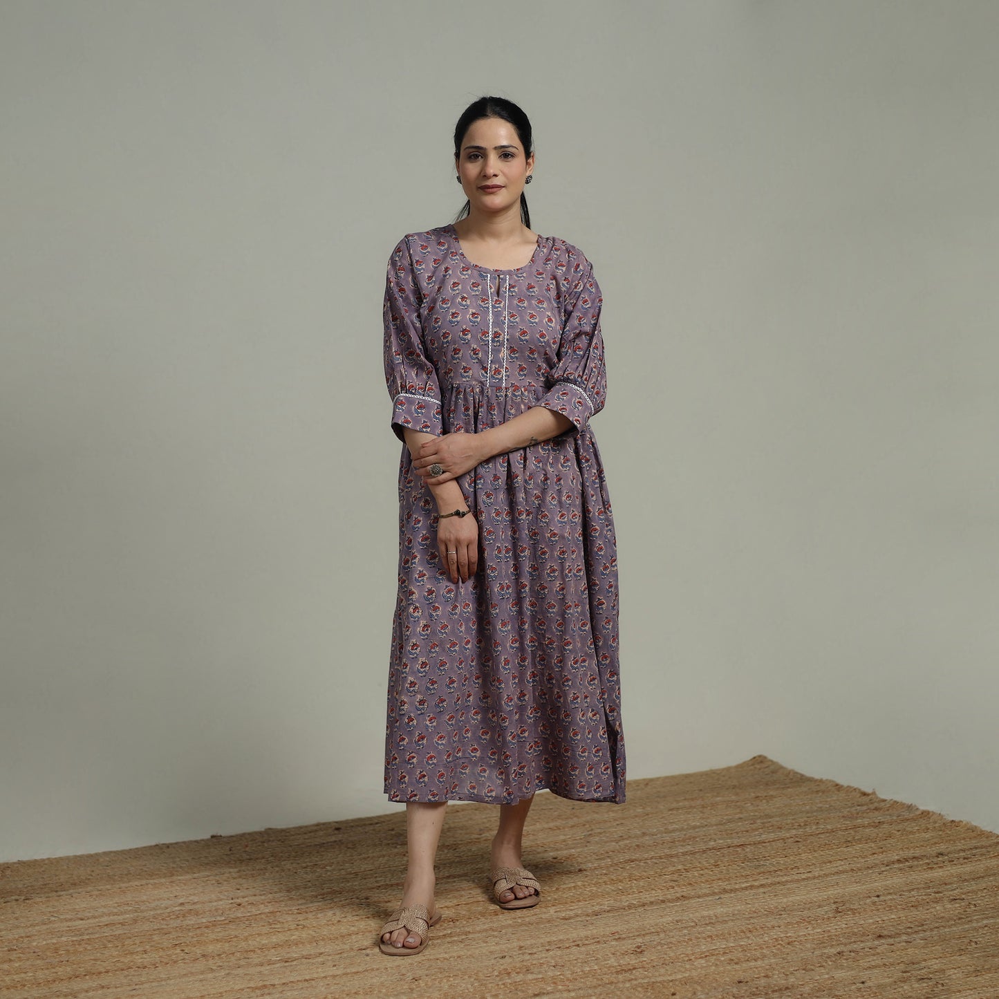 Purple - Sanganeri Hand Block Print Pure Cotton Flared Dress 07