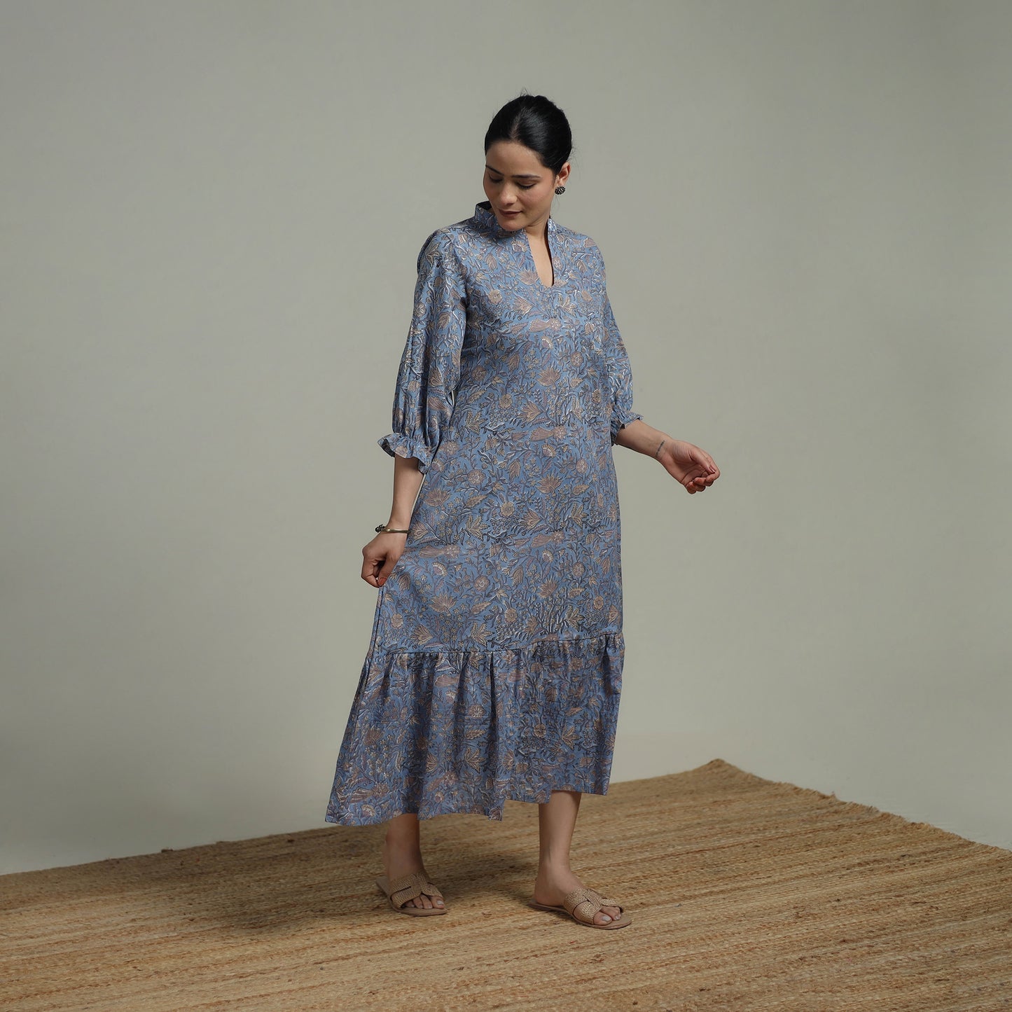 Blue - Sanganeri Hand Block Print Pure Cotton Tiered Dress 16