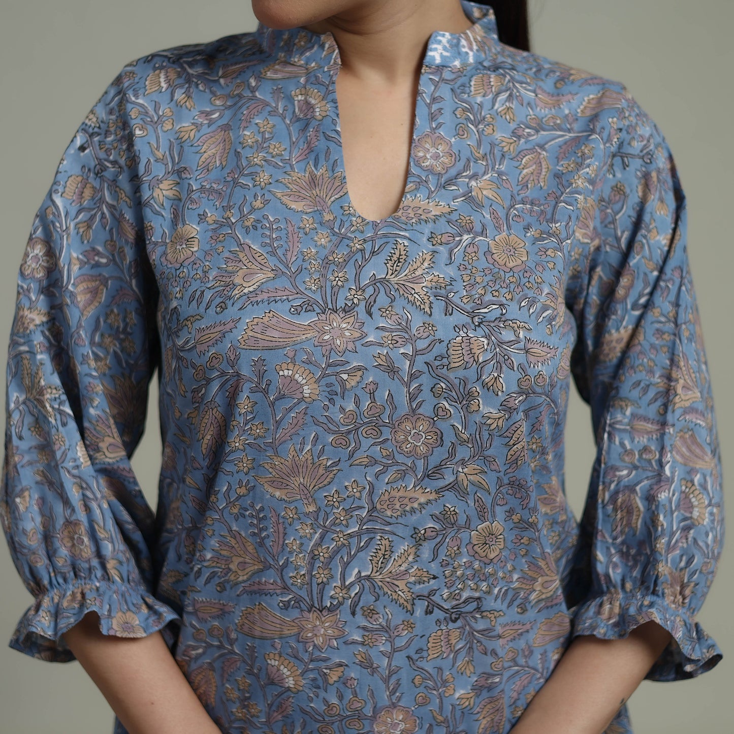 Blue - Sanganeri Hand Block Print Pure Cotton Tiered Dress 16