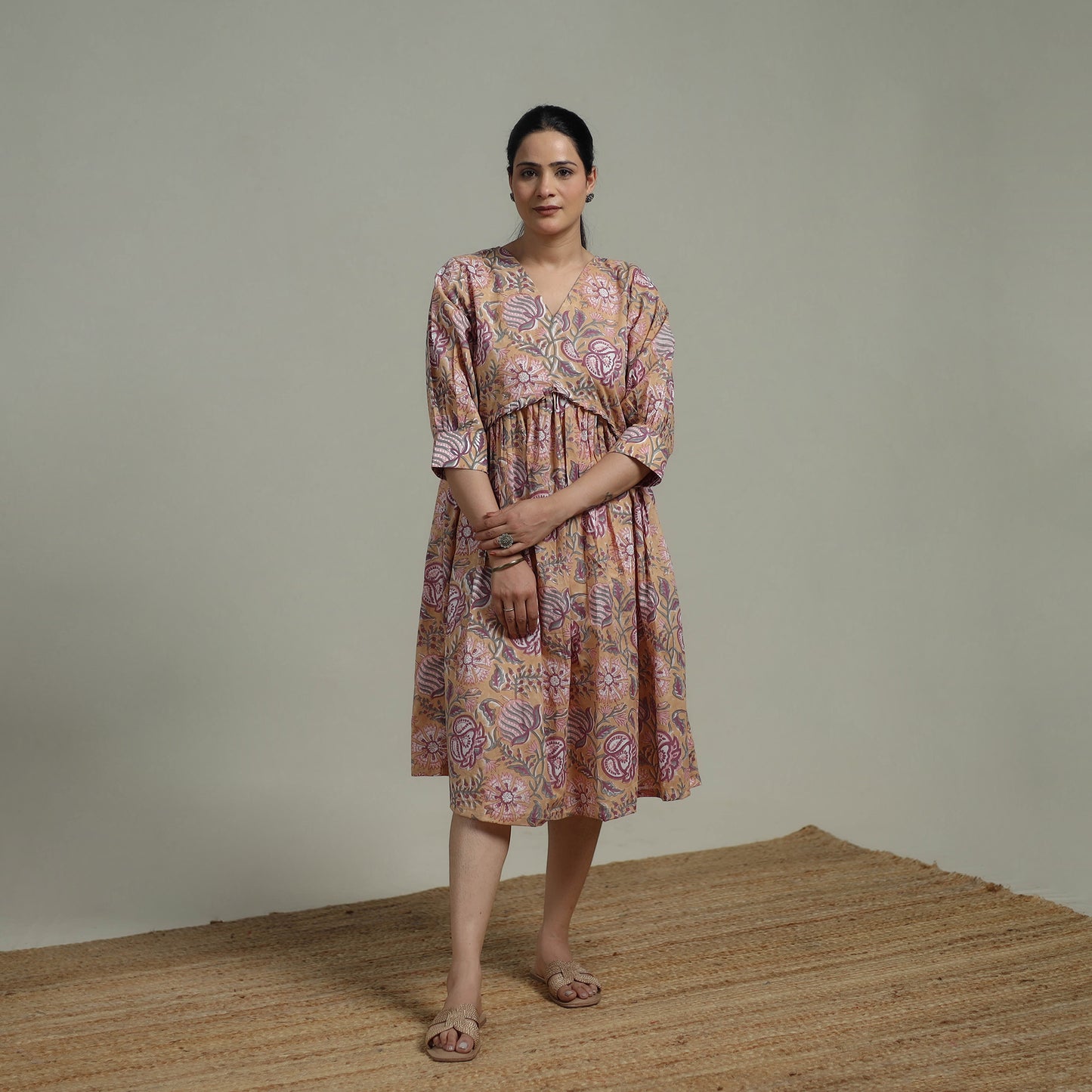 Beige - Sanganeri Hand Block Print Pure Cotton Angrakha Flared Dress 14
