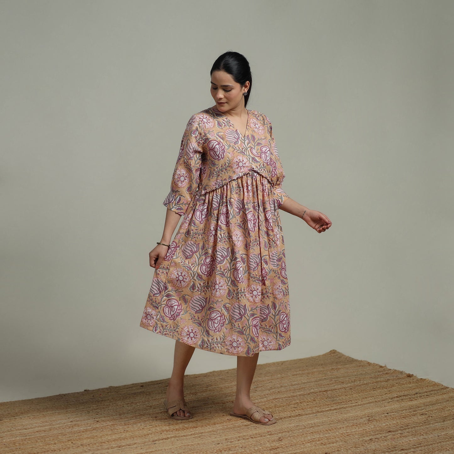 Beige - Sanganeri Hand Block Print Pure Cotton Angrakha Flared Dress 14