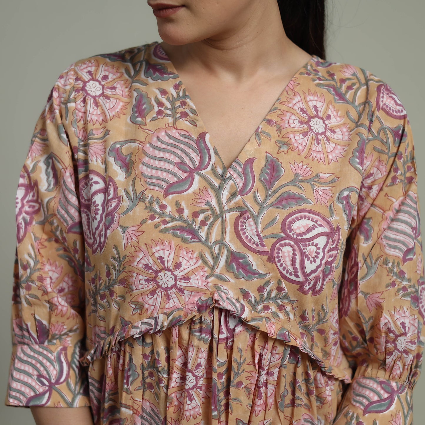 Beige - Sanganeri Hand Block Print Pure Cotton Angrakha Flared Dress 14