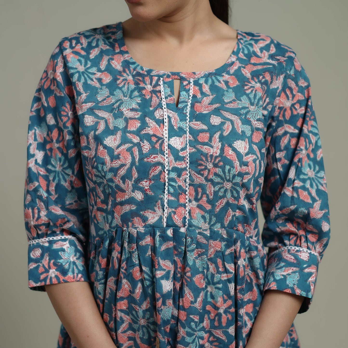 Blue - Sanganeri Hand Block Print Pure Cotton Flared Dress 09