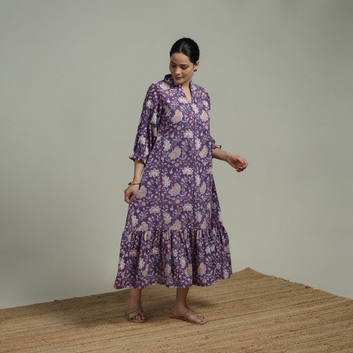 Purple - Sanganeri Hand Block Print Pure Cotton Tiered Dress 20