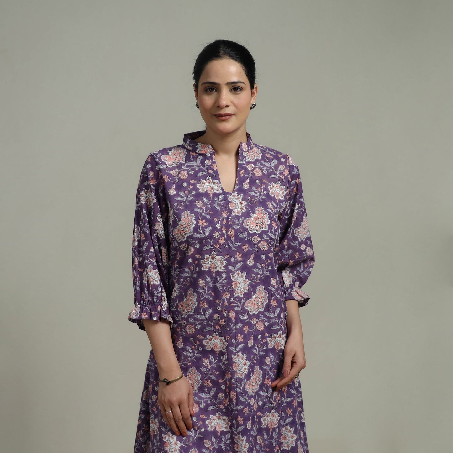 Purple - Sanganeri Hand Block Print Pure Cotton Tiered Dress 20