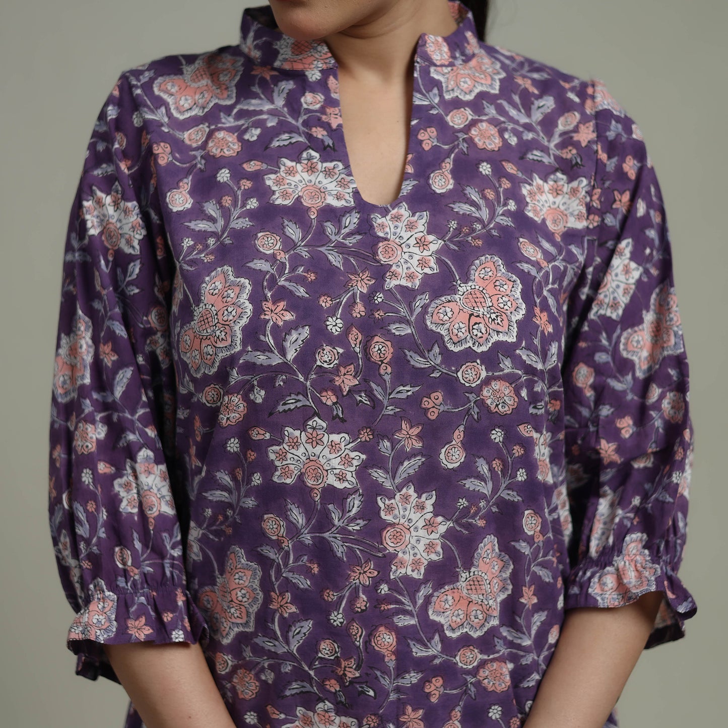 Purple - Sanganeri Hand Block Print Pure Cotton Tiered Dress 20