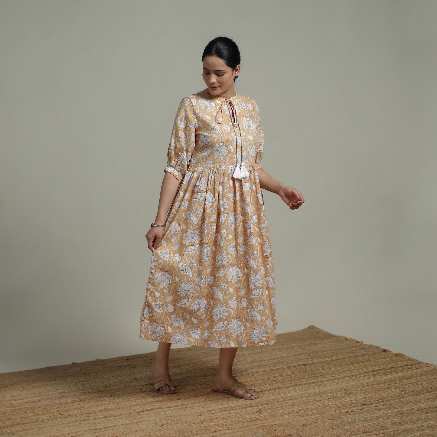 Beige - Sanganeri Hand Block Print Pure Cotton Flared Dress 05