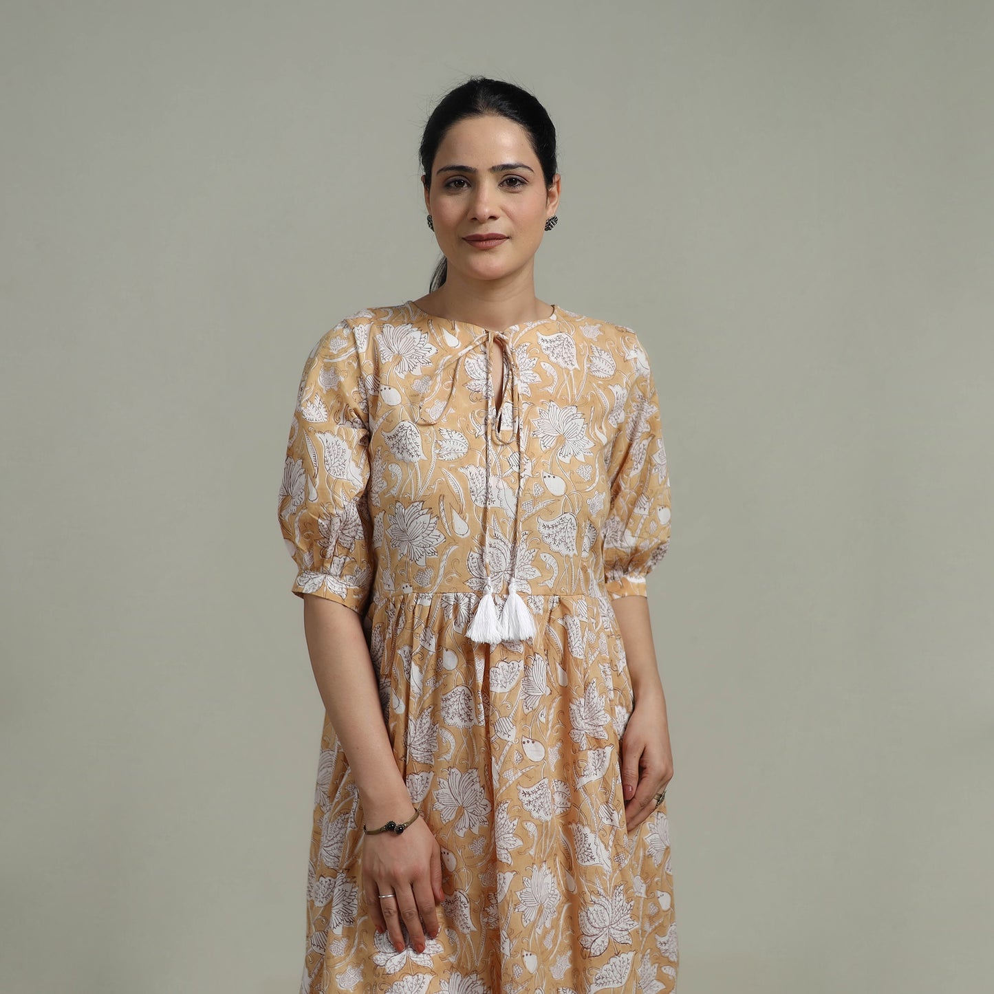 Beige - Sanganeri Hand Block Print Pure Cotton Flared Dress 05