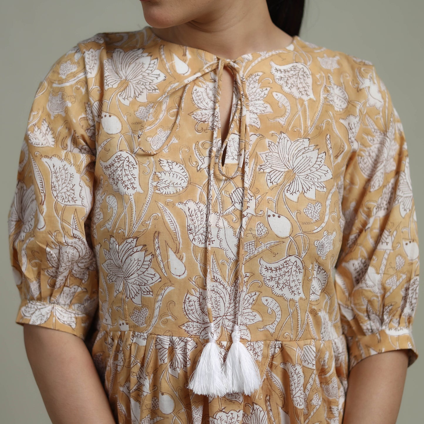 Beige - Sanganeri Hand Block Print Pure Cotton Flared Dress 05