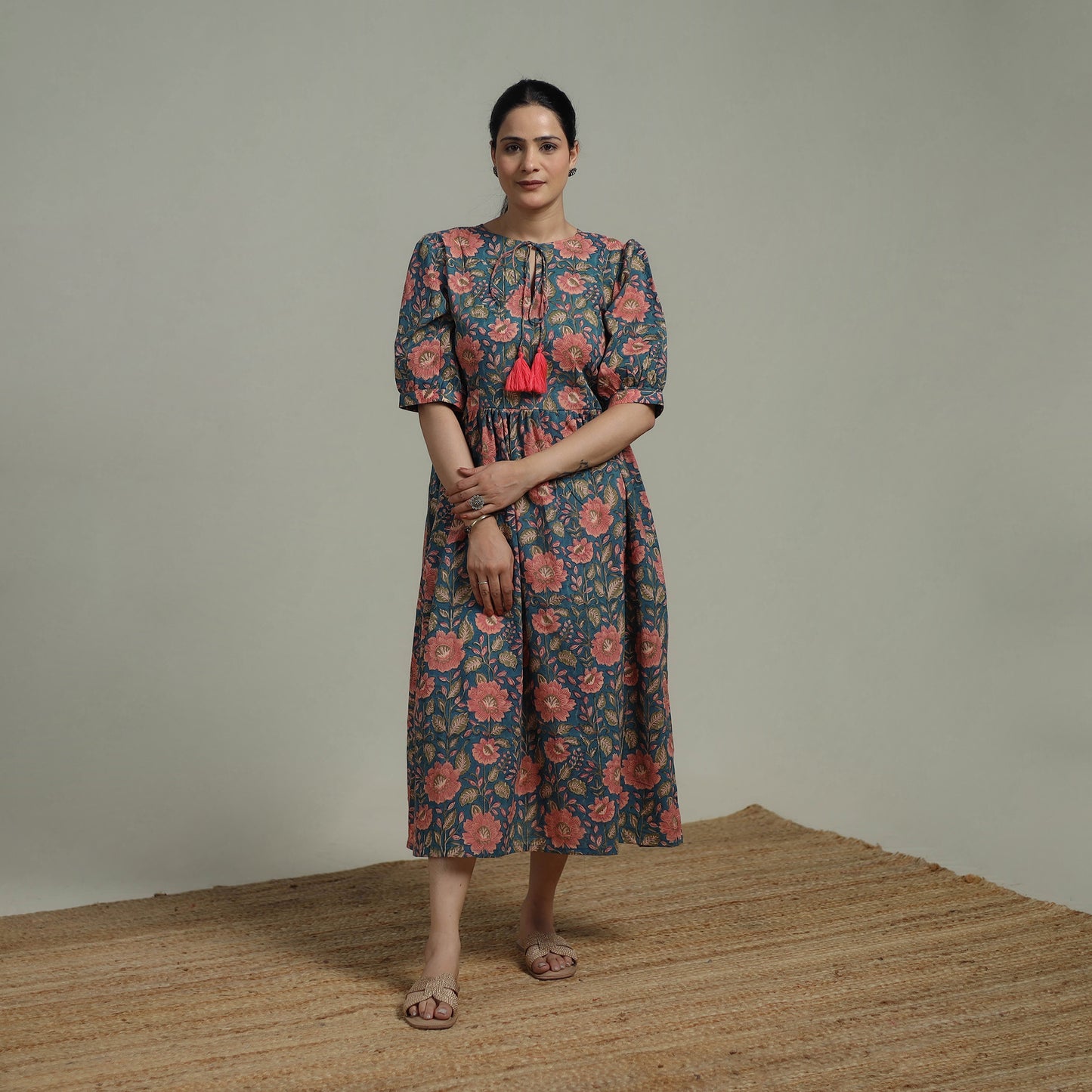 Blue - Sanganeri Hand Block Print Pure Cotton Flared Dress 04
