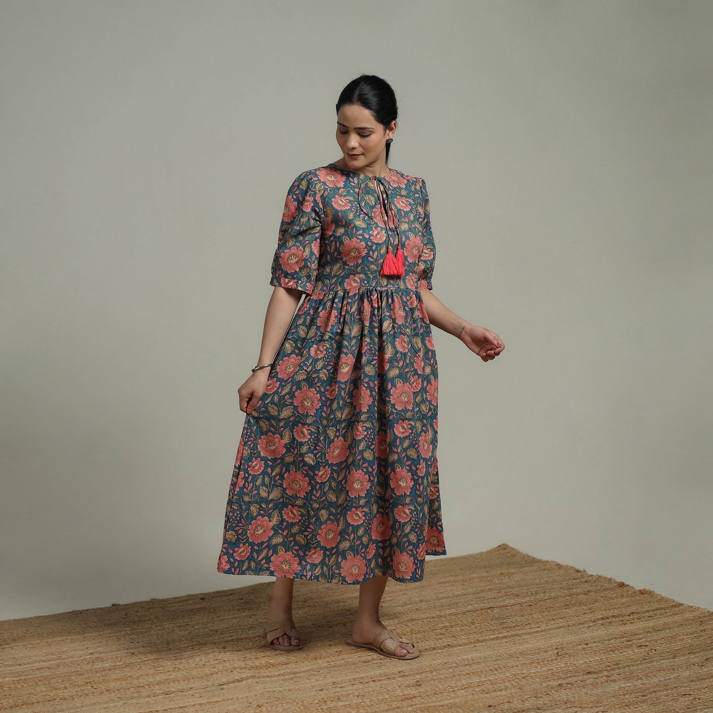 Blue - Sanganeri Hand Block Print Pure Cotton Flared Dress 04