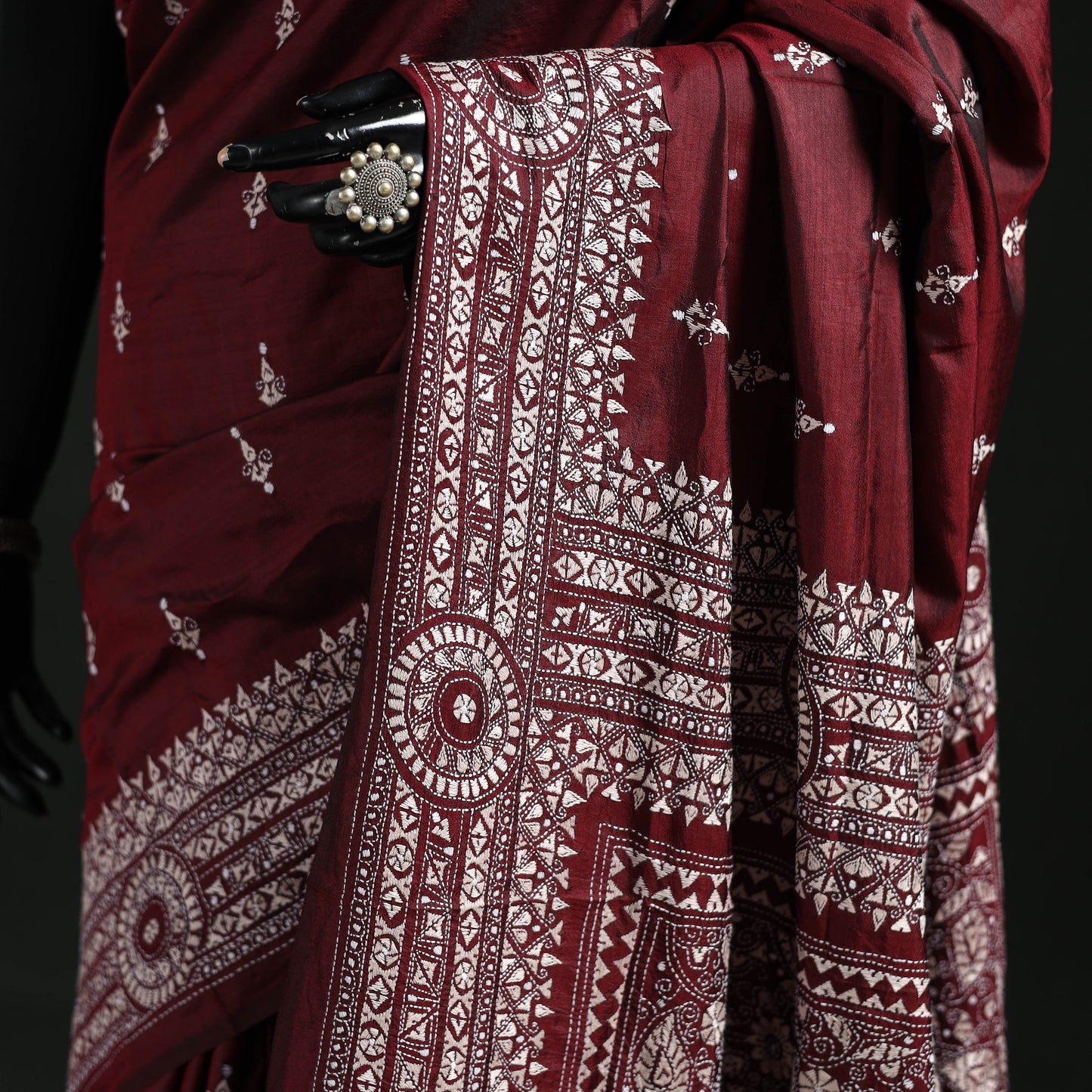 Maroon - Bengal Kantha Hand Embroidered Pure Silk Saree 01