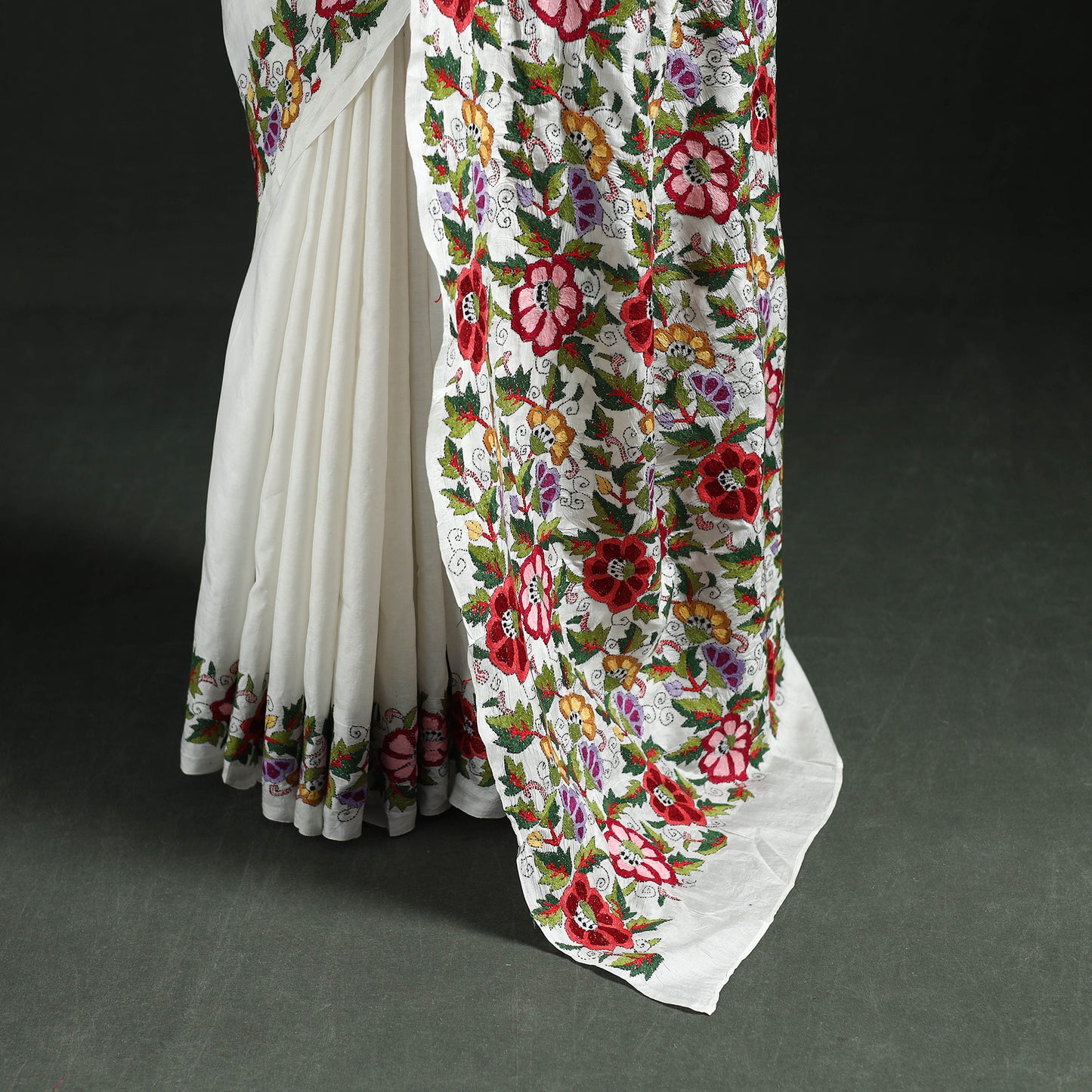 White - Bengal Kantha Hand Embroidered Pure Silk Saree 04