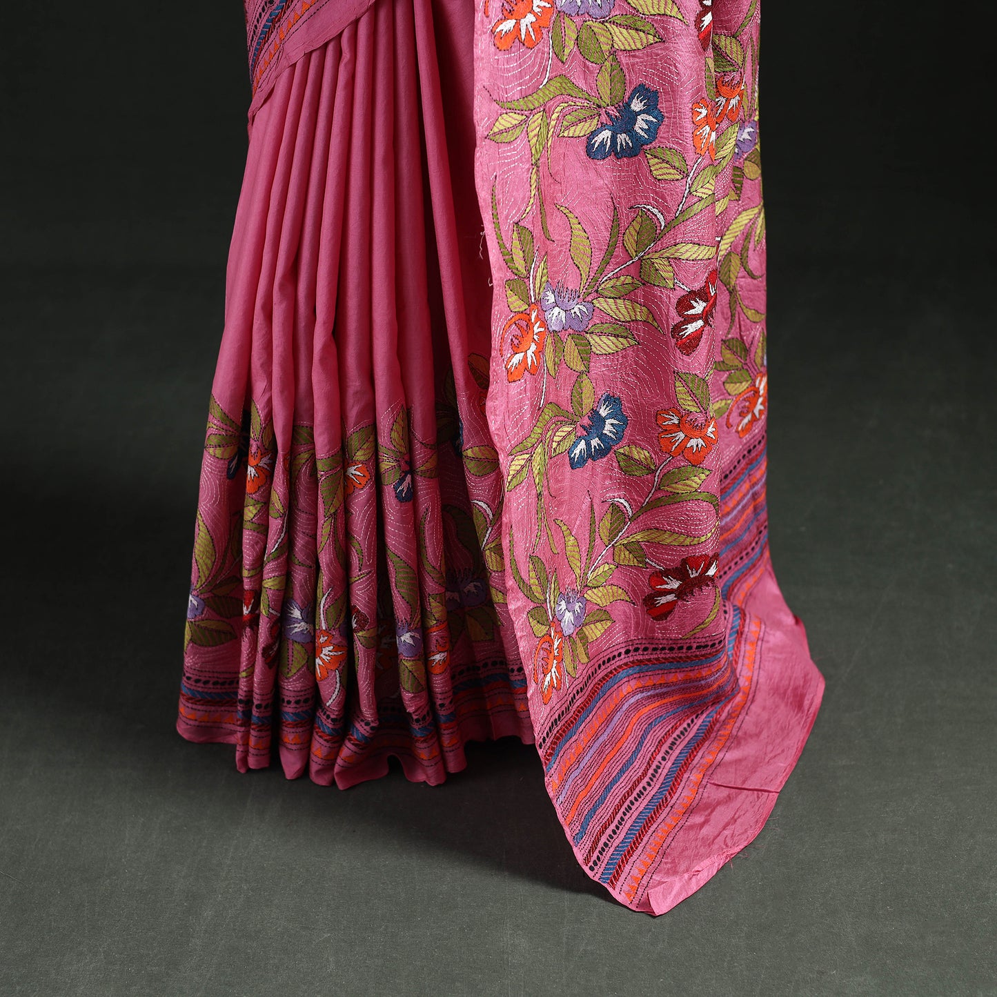 Bengal Kantha Heavy Hand Embroidered Pure Silk Saree 07