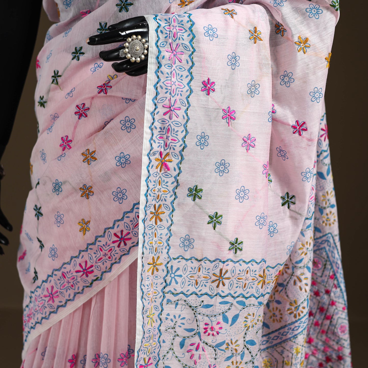 Phulkari Hand Embroidered Chanderi Silk Chapa Work Saree 08