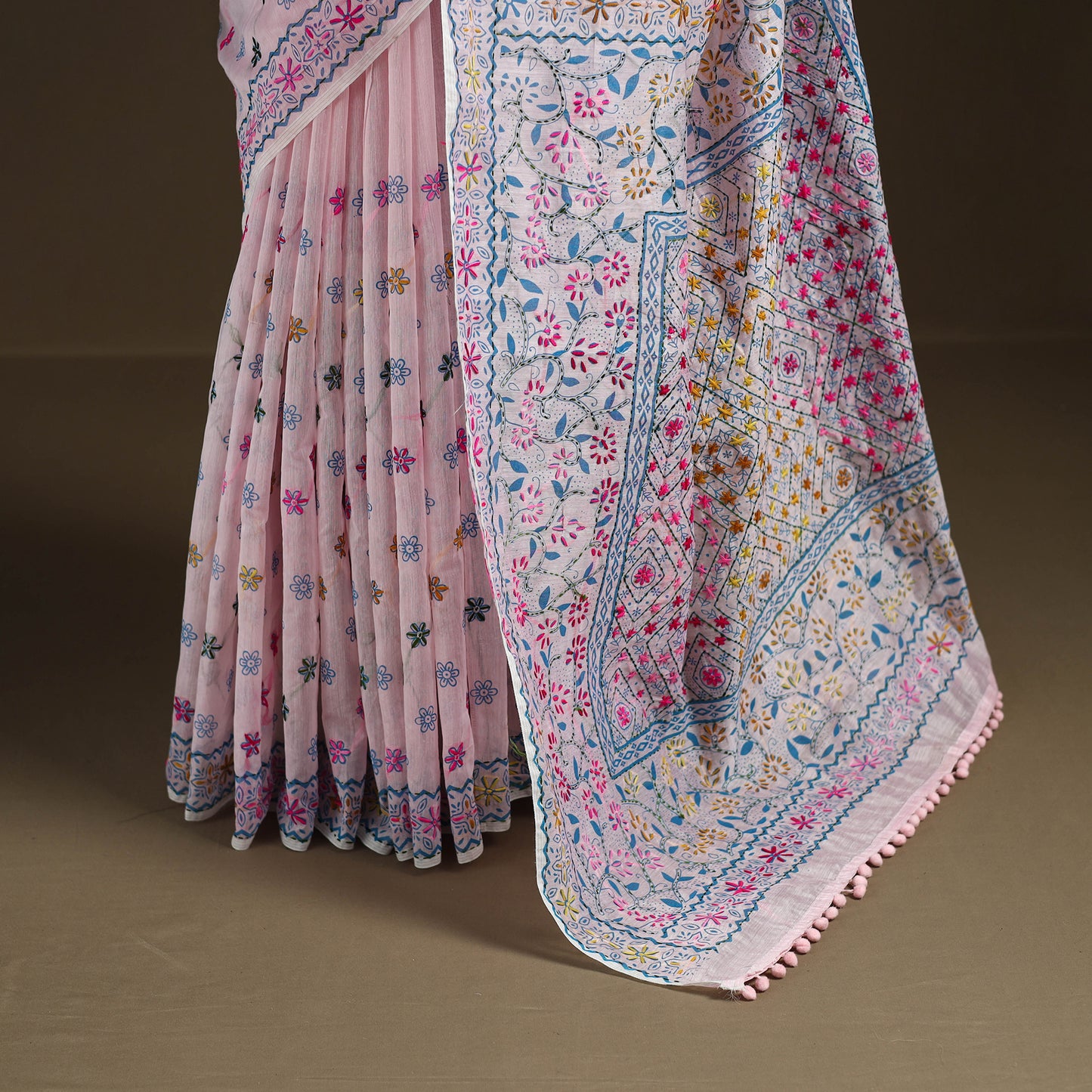 Phulkari Hand Embroidered Chanderi Silk Chapa Work Saree 08