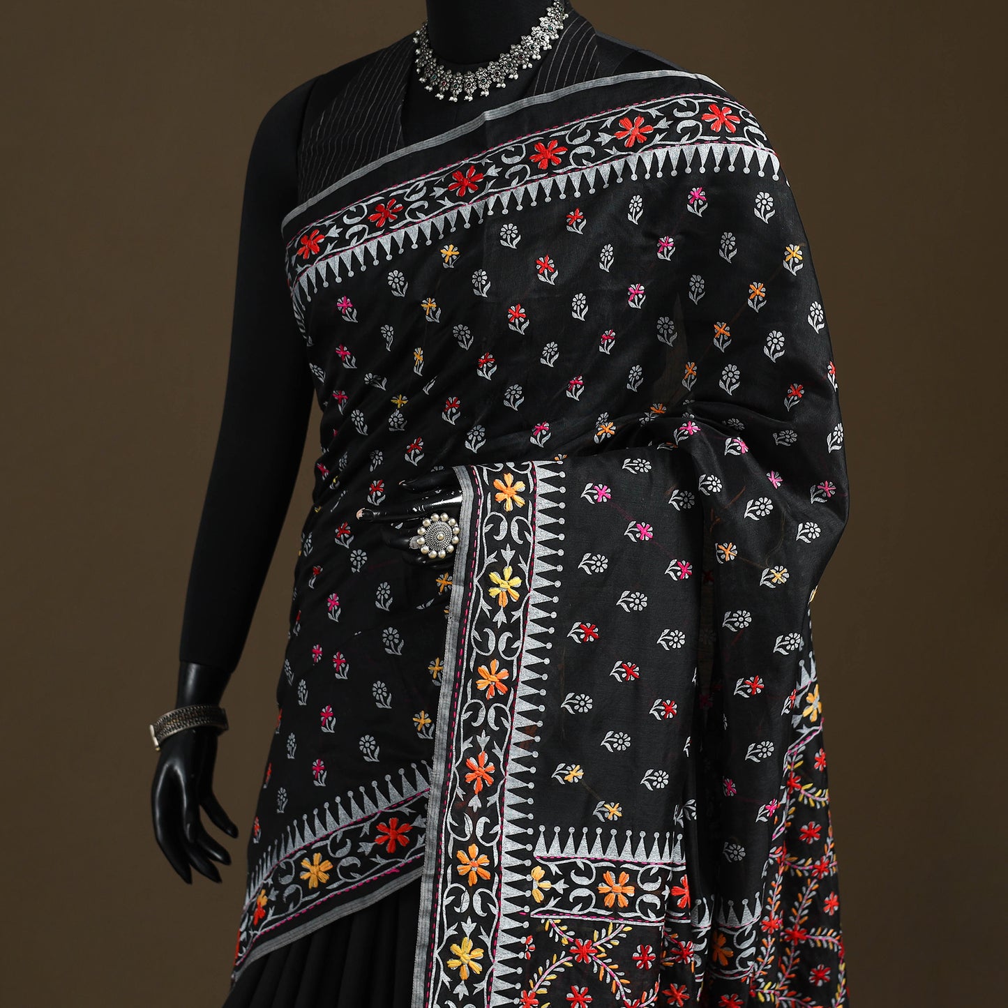 Phulkari Hand Embroidered Chanderi Silk Chapa Work Saree 01