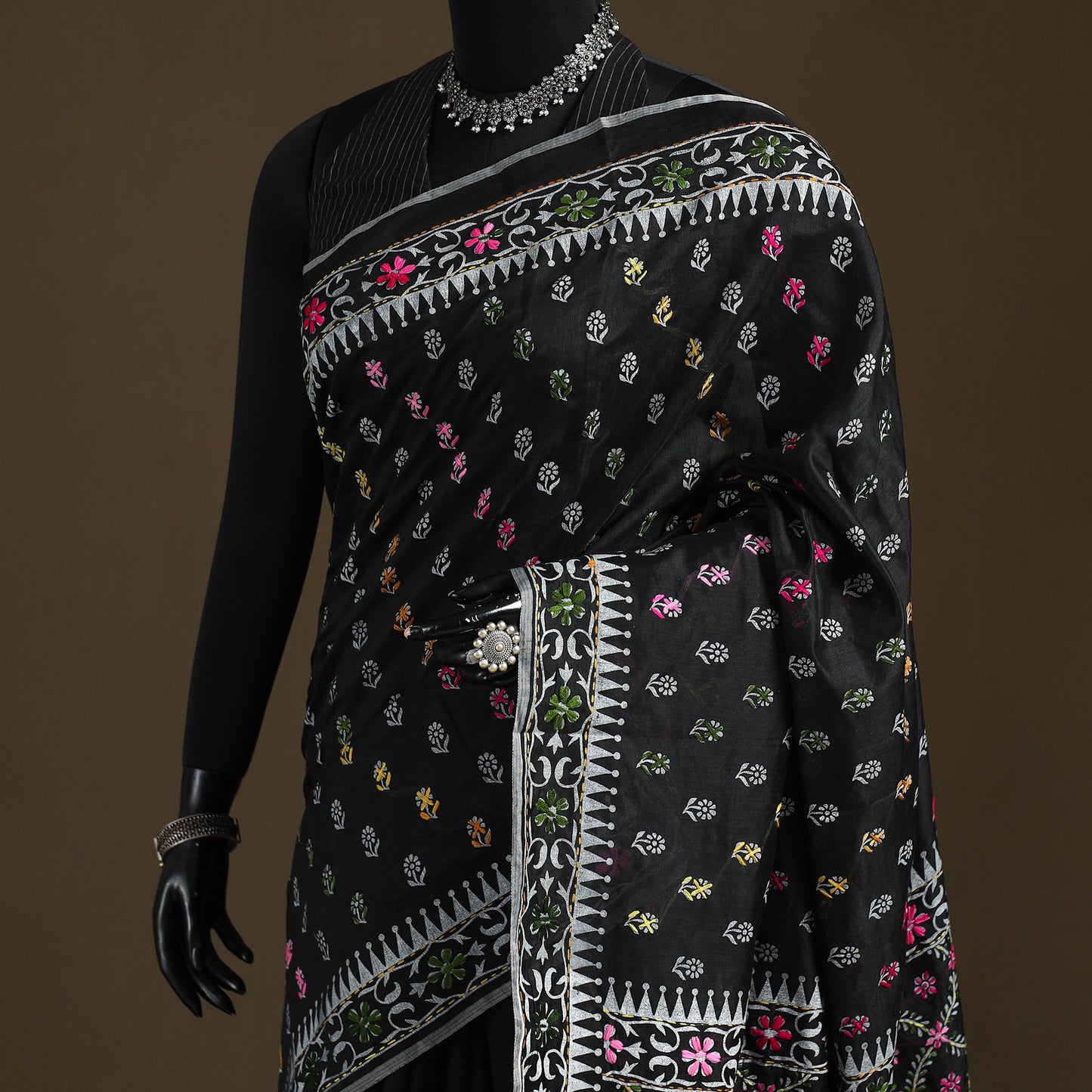 Phulkari Hand Embroidered Chanderi Silk Chapa Work Saree 03