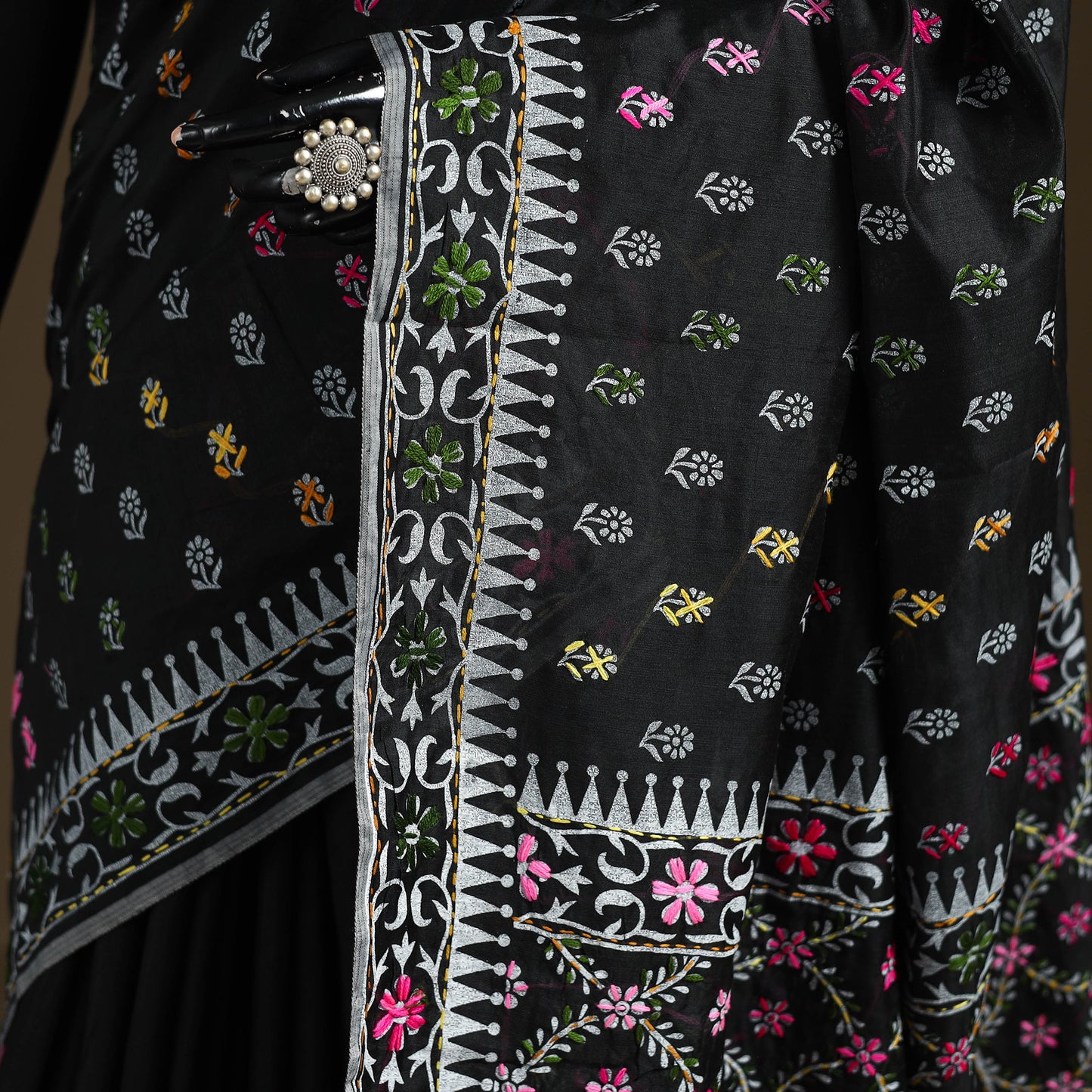 Phulkari Hand Embroidered Chanderi Silk Chapa Work Saree 03