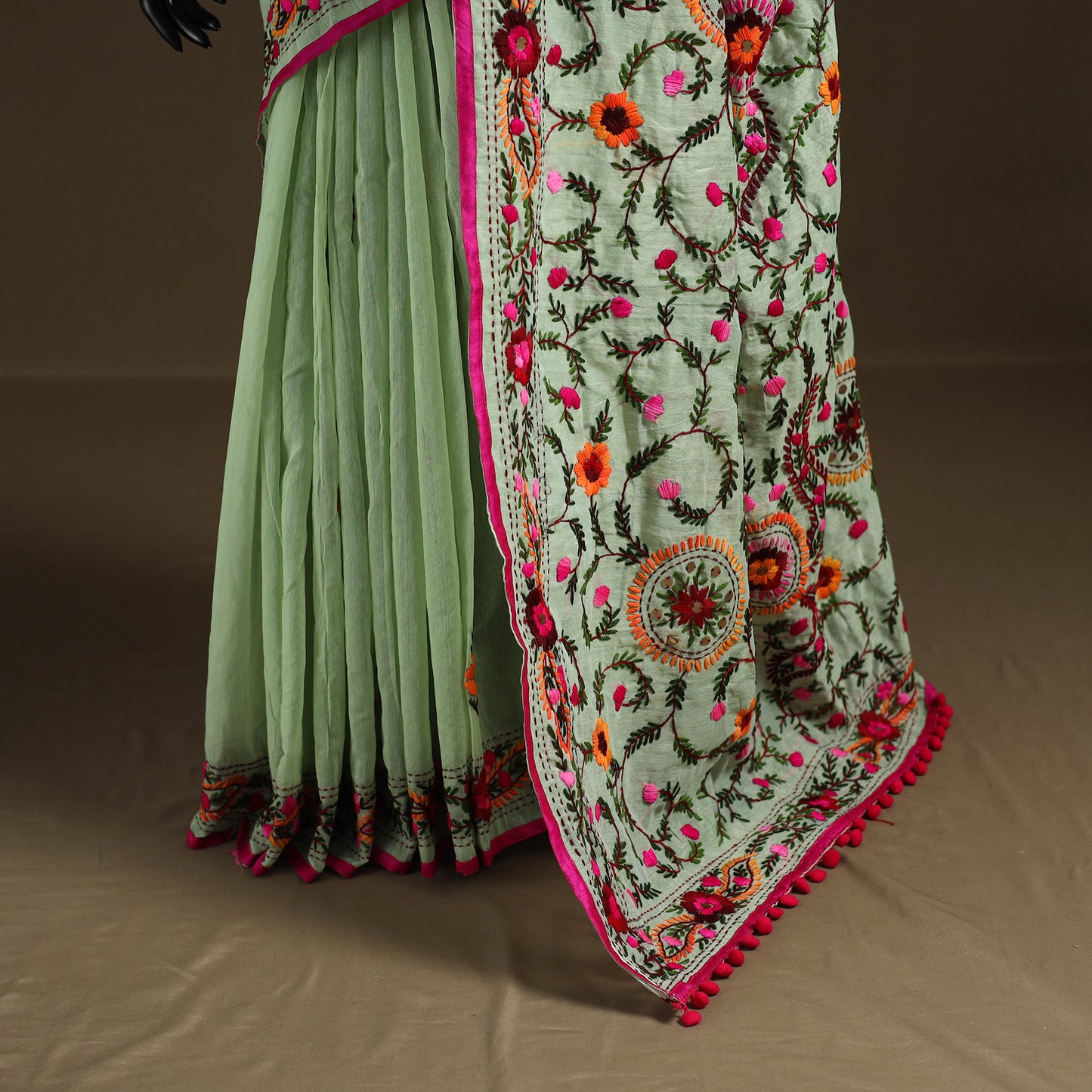 Phulkari Hand Embroidered Chanderi Silk Chapa Work Saree 04